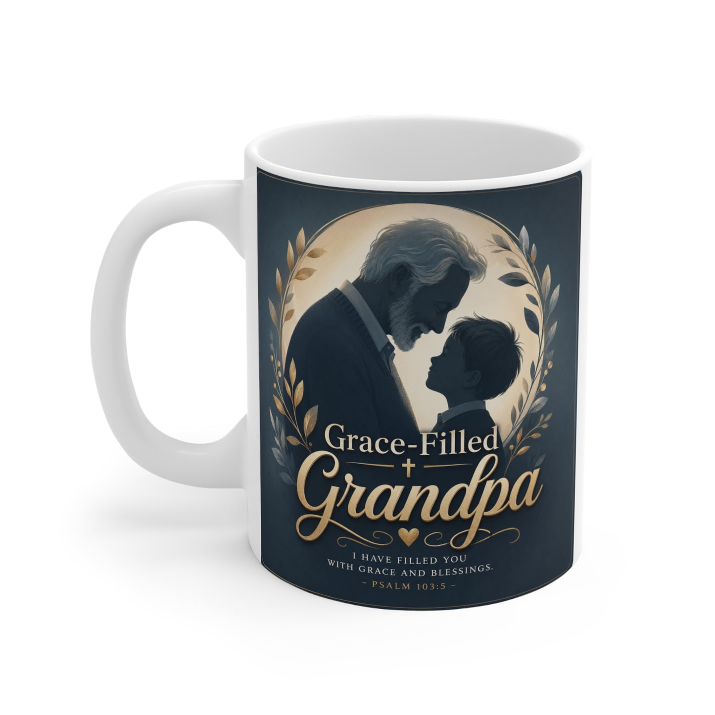 Faith-based Grandpa coffee mug featuring a heartwarming grandfather and grandchild illustration, perfect Christian gift from grandchildren.