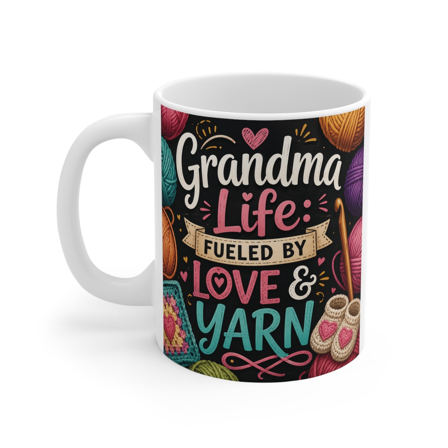 Crochet grandma gift mug featuring vibrant yarn artwork and Grandma Life Fueled by Love and Yarn text