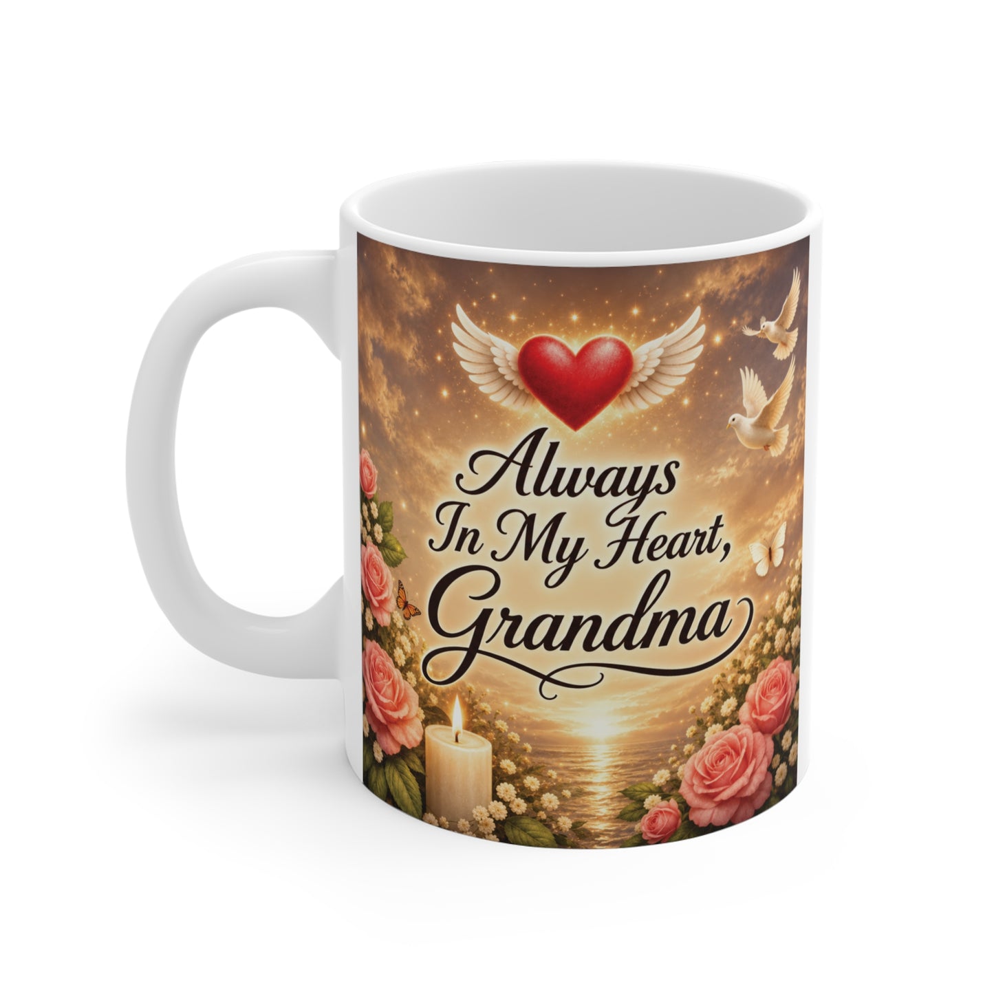 Sentimental 11oz ceramic memorial mug for Grandma with roses, angel wings, candlelight, and heartfelt remembrance design.