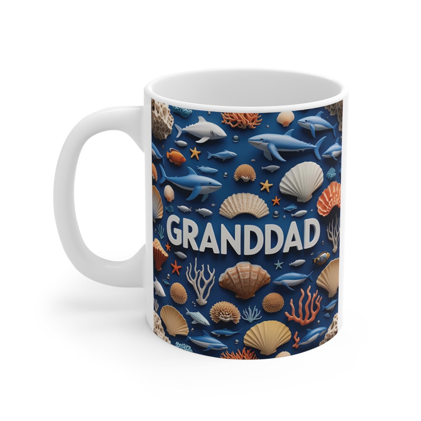 Blue sea life Granddad mug with ocean animals and coastal shells printed on white ceramic coffee cup