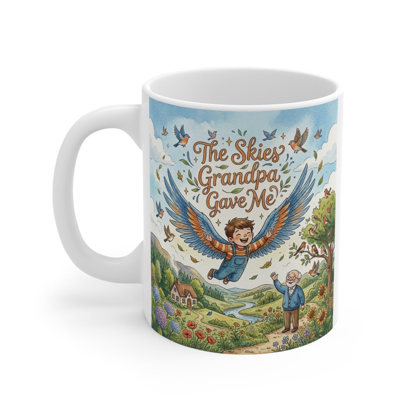 White ceramic grandpa coffee mug displaying The Skies Grandpa Gave Me quote and whimsical family-themed artwork celebrating a grandparent's love and guidance.