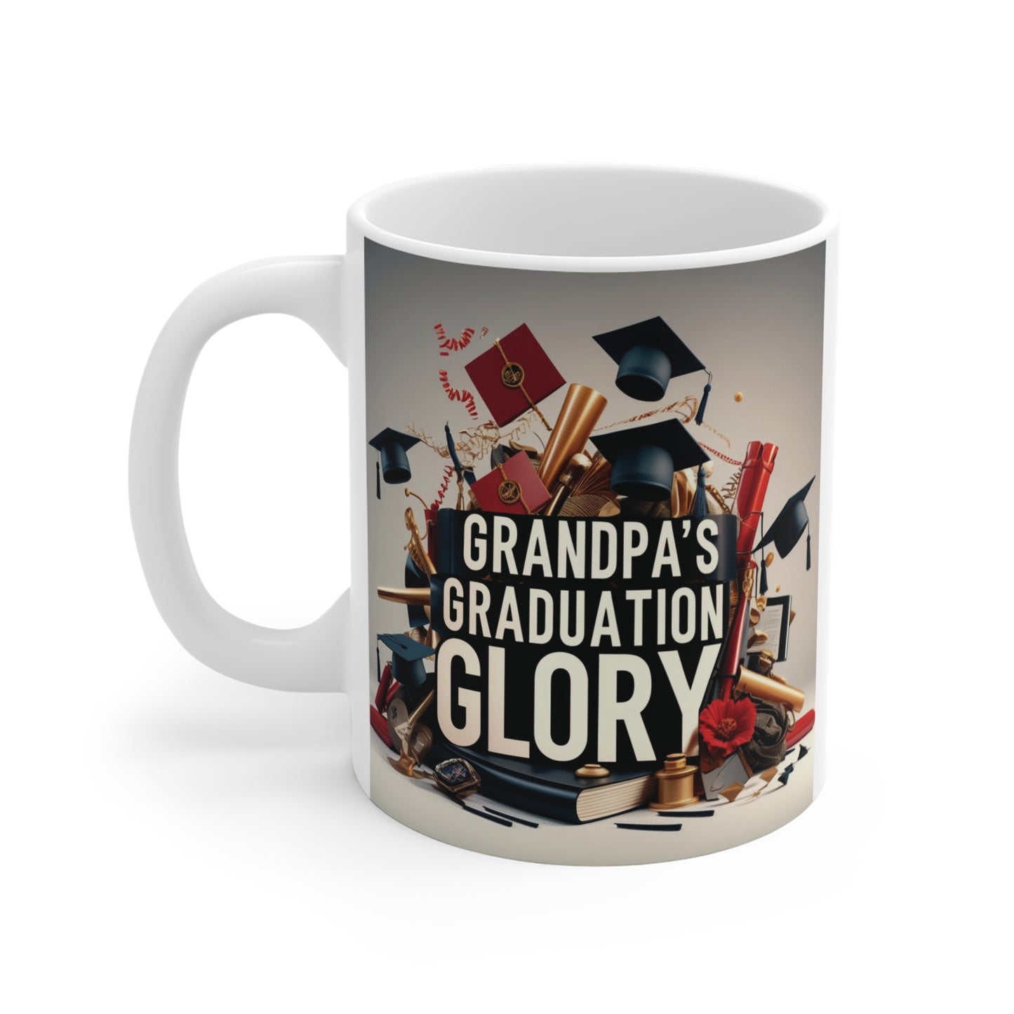 Premium 11oz white ceramic mug printed with "Grandpa's Graduation Glory" surrounded by graduation-themed illustrations, making a thoughtful graduation gift for Grandpa, Father's Day, or birthday.
