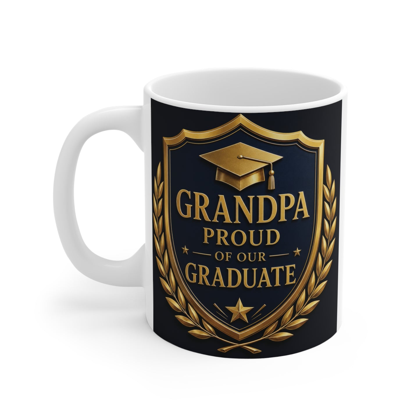 Elegant 11oz black coffee mug featuring a vintage gold graduation crest and the message "Grandpa Proud of Our Graduate," a thoughtful keepsake gift for a proud grandfather.