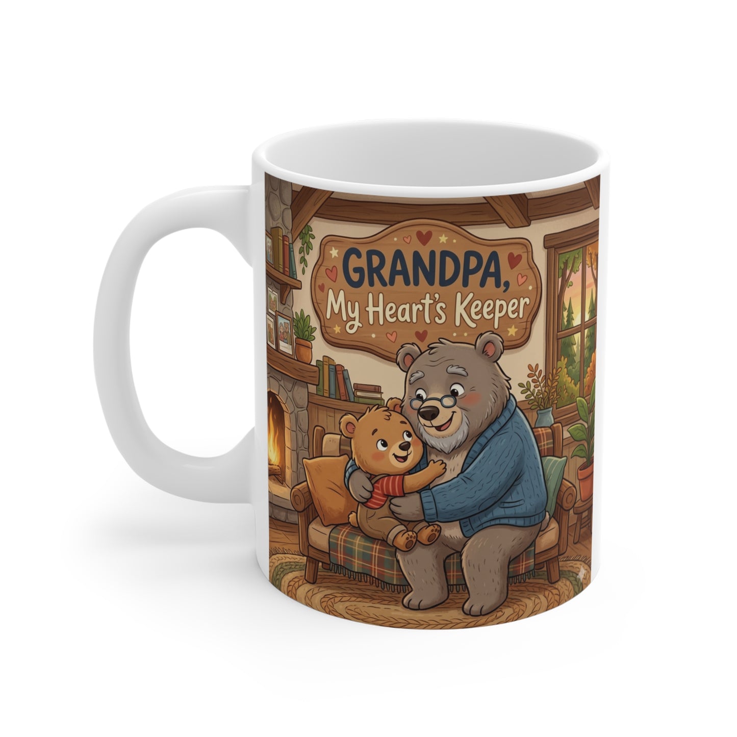 Sentimental Grandpa My Heart's Keeper coffee mug with charming bear family artwork, perfect Father's Day, birthday, and Christmas gift for grandfathers.