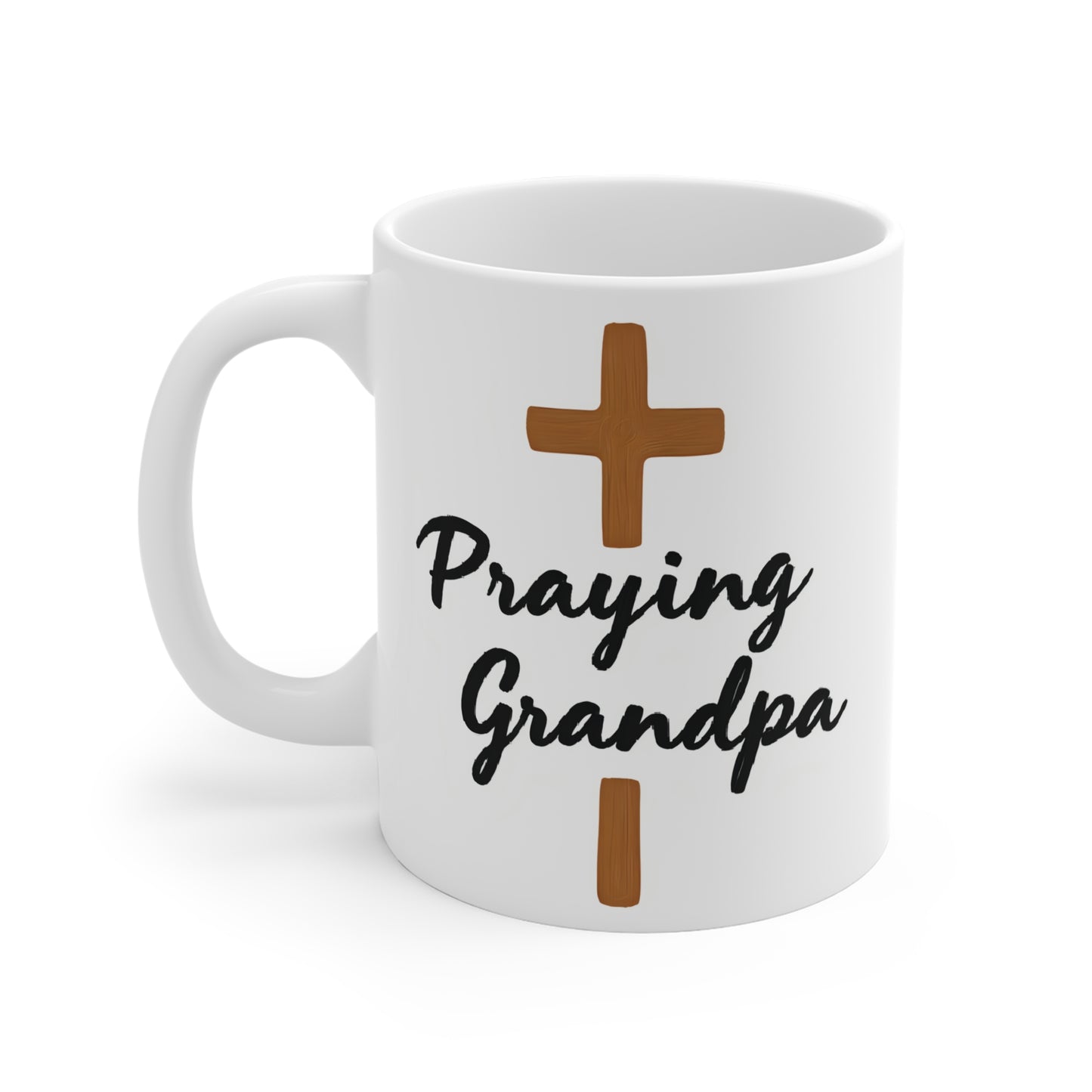 Religious 11oz mug for grandpa with faith-based praying grandpa typography and cross artwork
