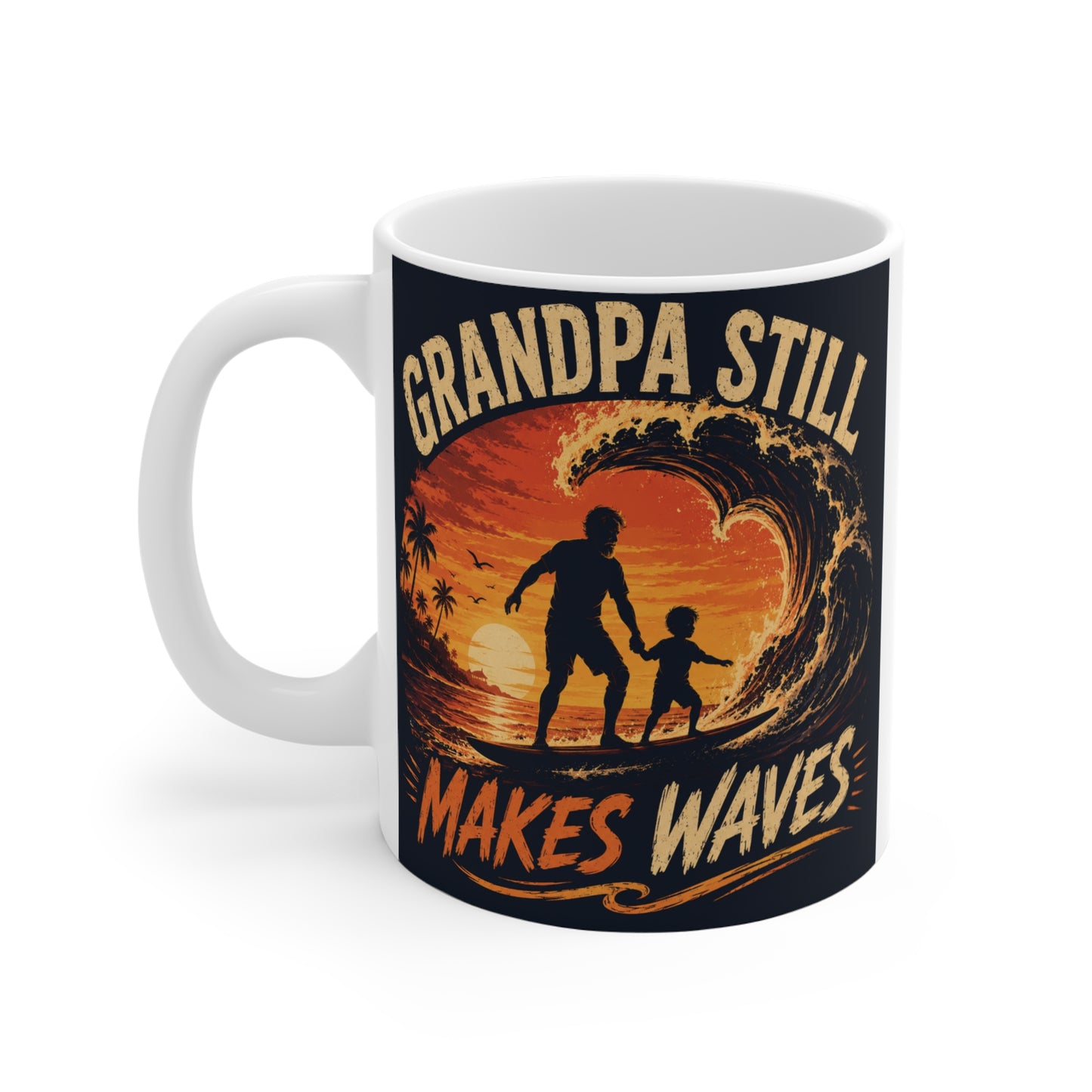 Beach-themed coffee mug featuring Grandpa Still Makes Waves text, silhouette surfer design, ocean wave artwork, and coastal sunset colors.