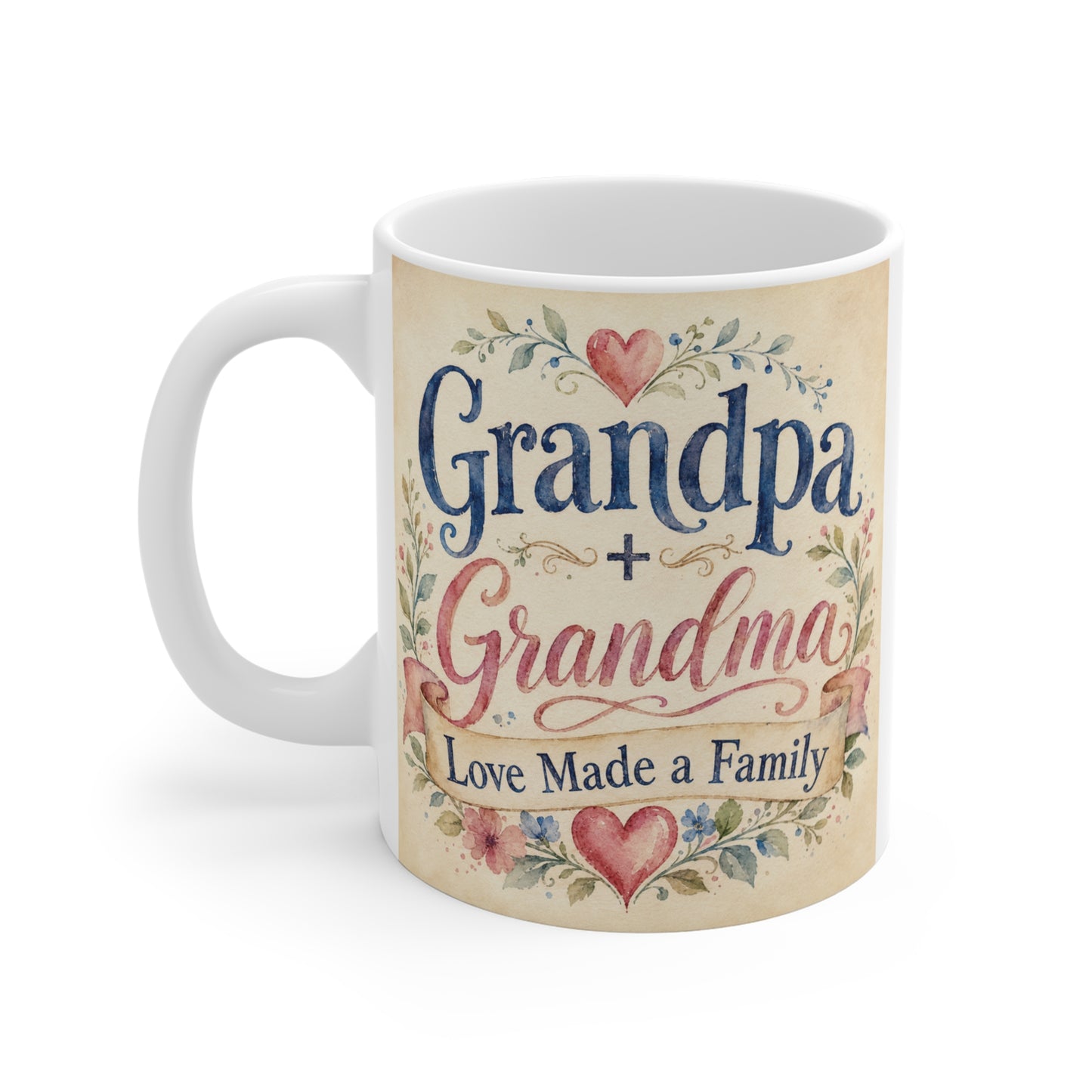 Elegant 11oz ceramic mug featuring Grandpa + Grandma Love Made a Family watercolor design.