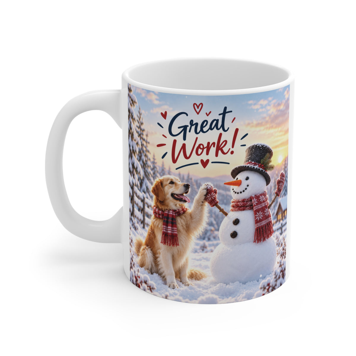 Great Work Christmas mug with cheerful golden retriever and snowman winter artwork, a fun employee or coworker appreciation gift.