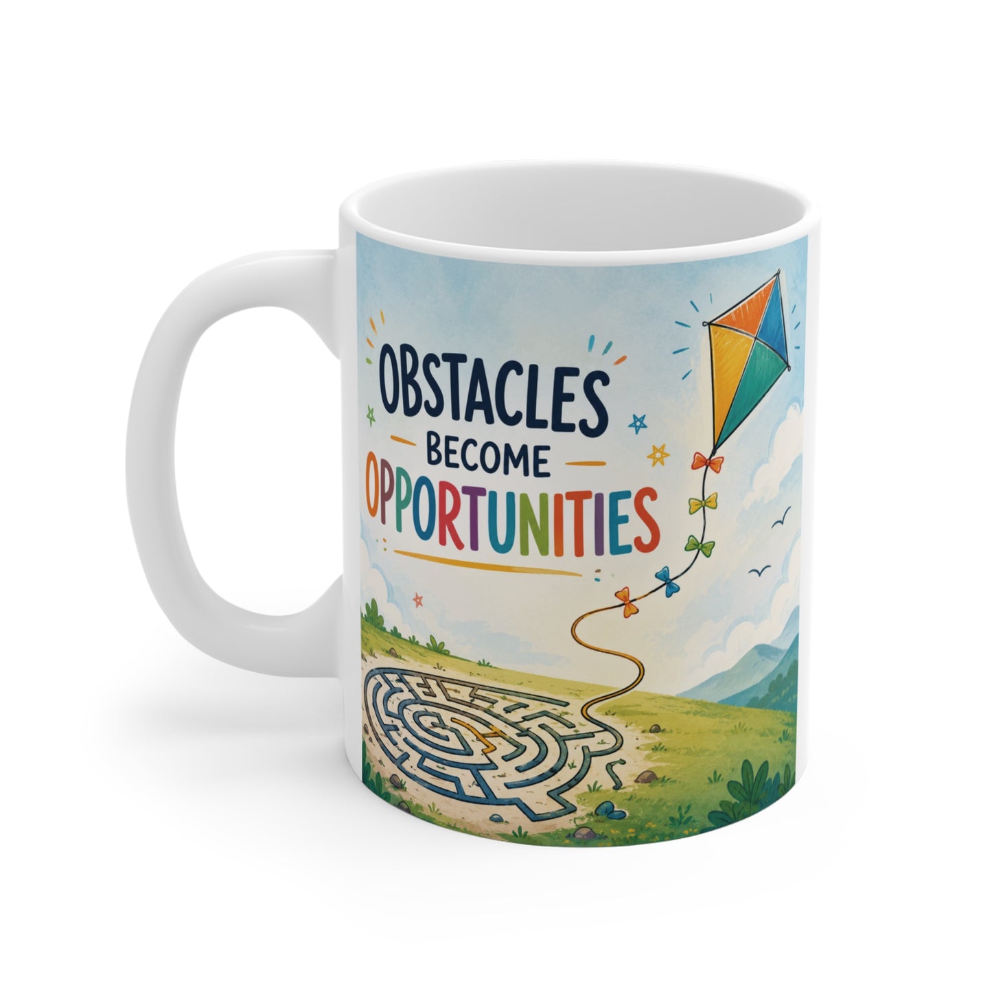 11oz inspirational coffee mug displaying "Obstacles Become Opportunities" alongside a vibrant landscape, maze path, and kite illustration representing perseverance and personal growth.