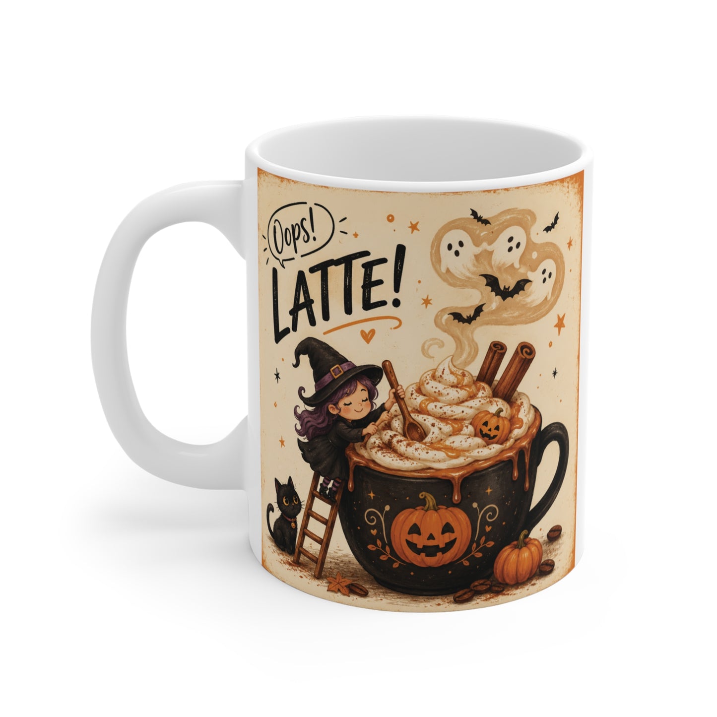 Cute witch "Oops! Latte" Halloween ceramic coffee mug with pumpkins and ghosts.