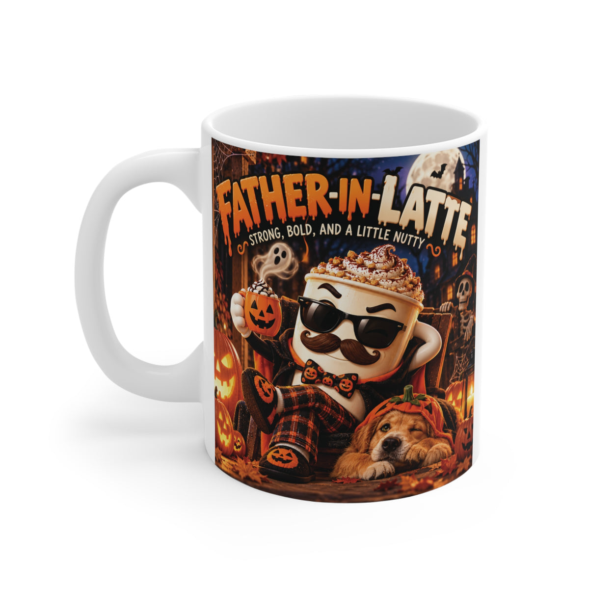 Father-in-Latte 11oz Halloween coffee mug with mustached latte character, jack-o-lanterns and orange and black spooky season artwork.