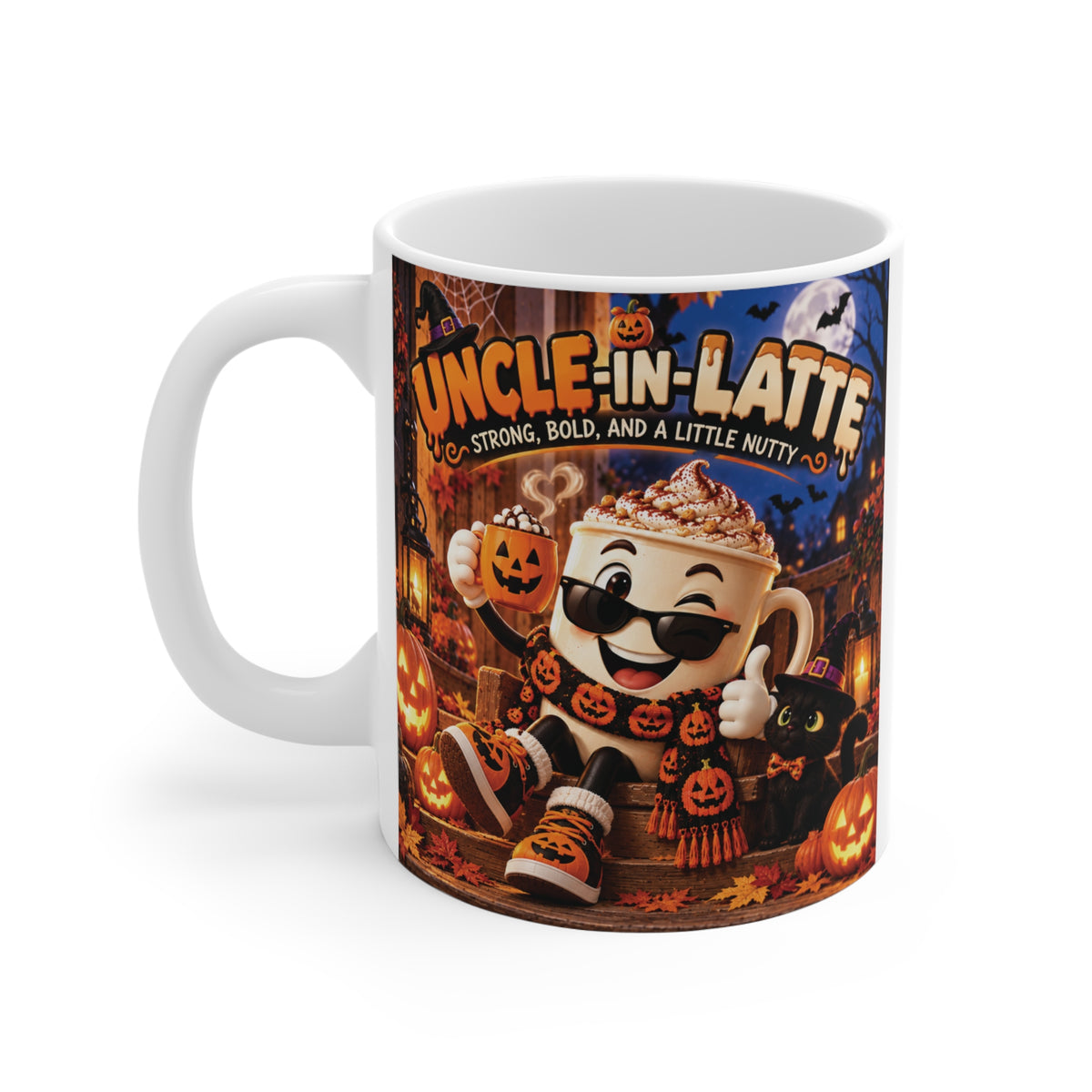 Uncle-in-Latte 11oz Halloween mug with cute coffee character, jack-o-lanterns and orange and black spooky season design.