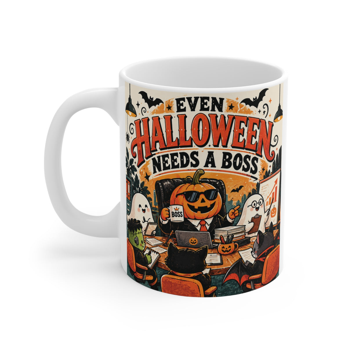 11oz Halloween gift mug for boss, manager or supervisor featuring Even Halloween Needs a Boss text and vintage spooky office design.