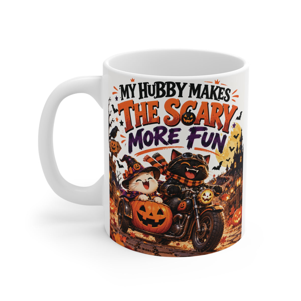 11oz Halloween gift mug for husband from wife featuring colorful spooky motorcycle and pumpkin artwork with a fun hubby Halloween message.