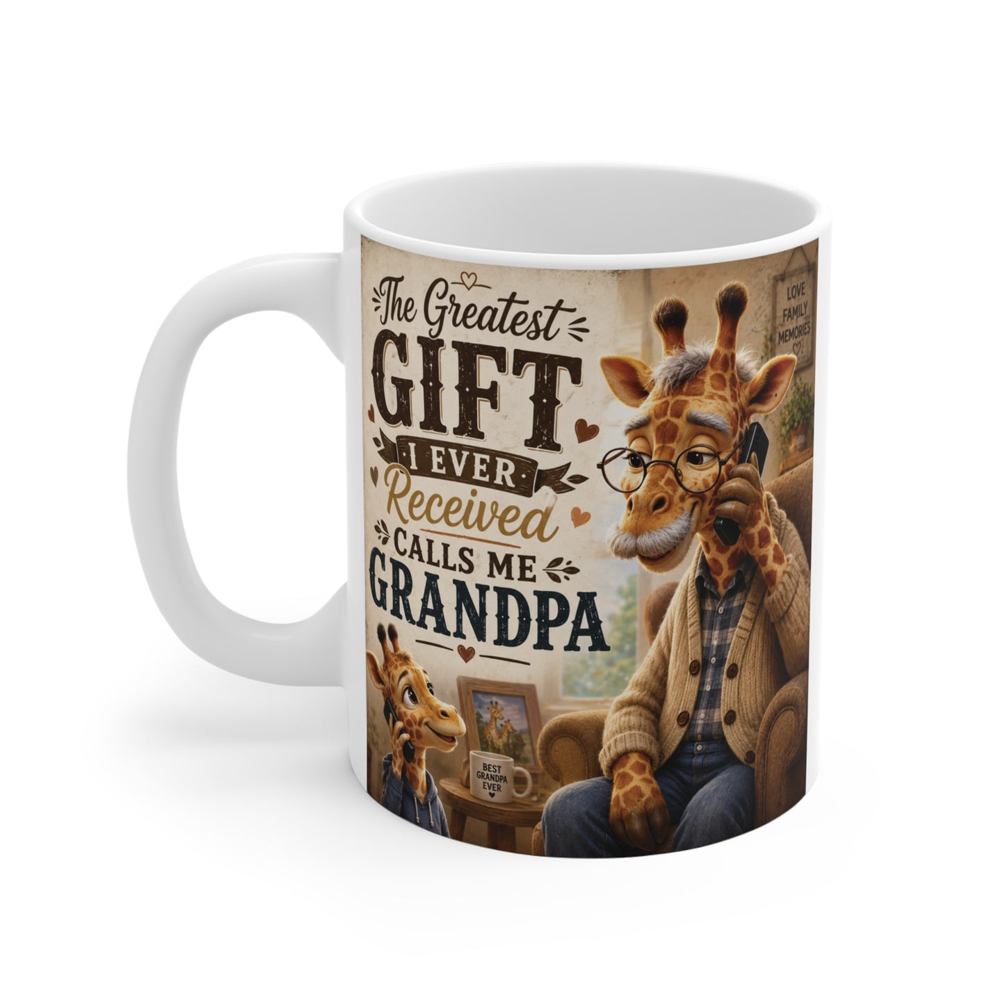 Heartwarming grandpa mug showing a giraffe grandfather talking with his grandchild, featuring inspirational grandparent quote on an 11oz ceramic coffee cup.