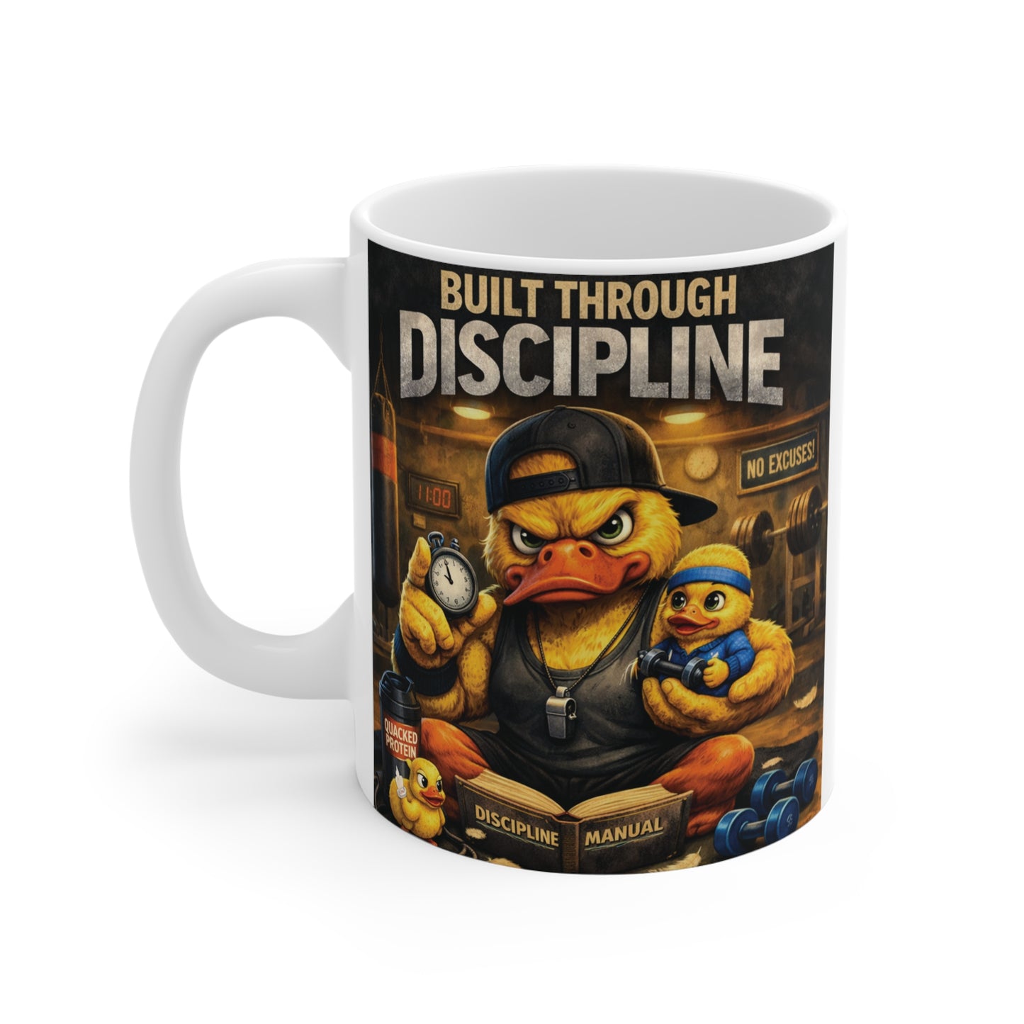 Inspirational Built Through Discipline coffee mug featuring a fierce duck character in vintage-style artwork, ideal gift for martial artists, fitness enthusiasts, entrepreneurs, and anyone pursuing success.