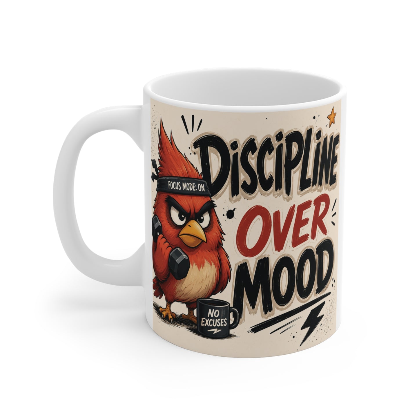 Inspirational 11oz coffee mug with bold Discipline Over Mood typography and cartoon angry bird illustration for office desk or gym motivation