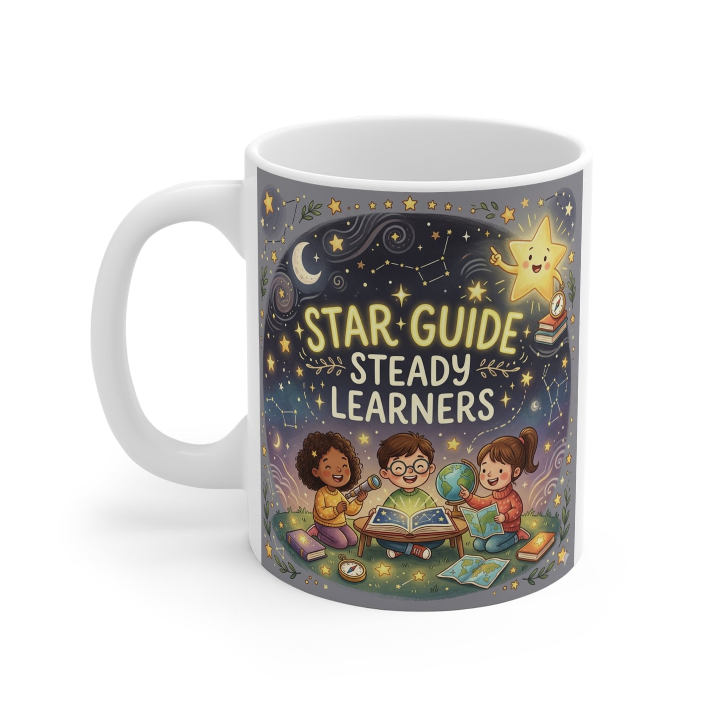 Educational space-themed ceramic mug for teachers and students featuring colorful illustrated children, books, moon, stars, and motivational learning quote.