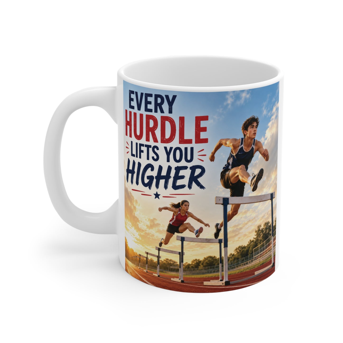 Motivational coffee mug with athletic watercolor artwork and Every Hurdle Lifts You Higher inspirational message.