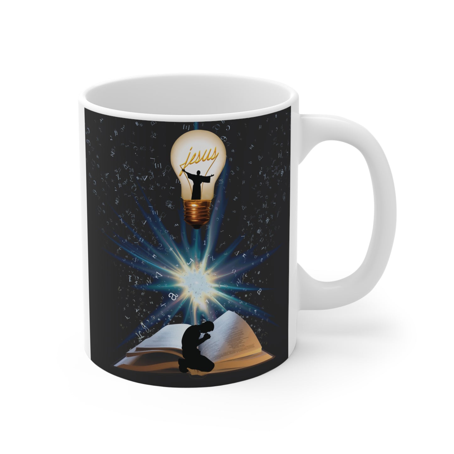 Religious coffee mug featuring glowing light bulb with Jesus, open Bible and prayer silhouette design