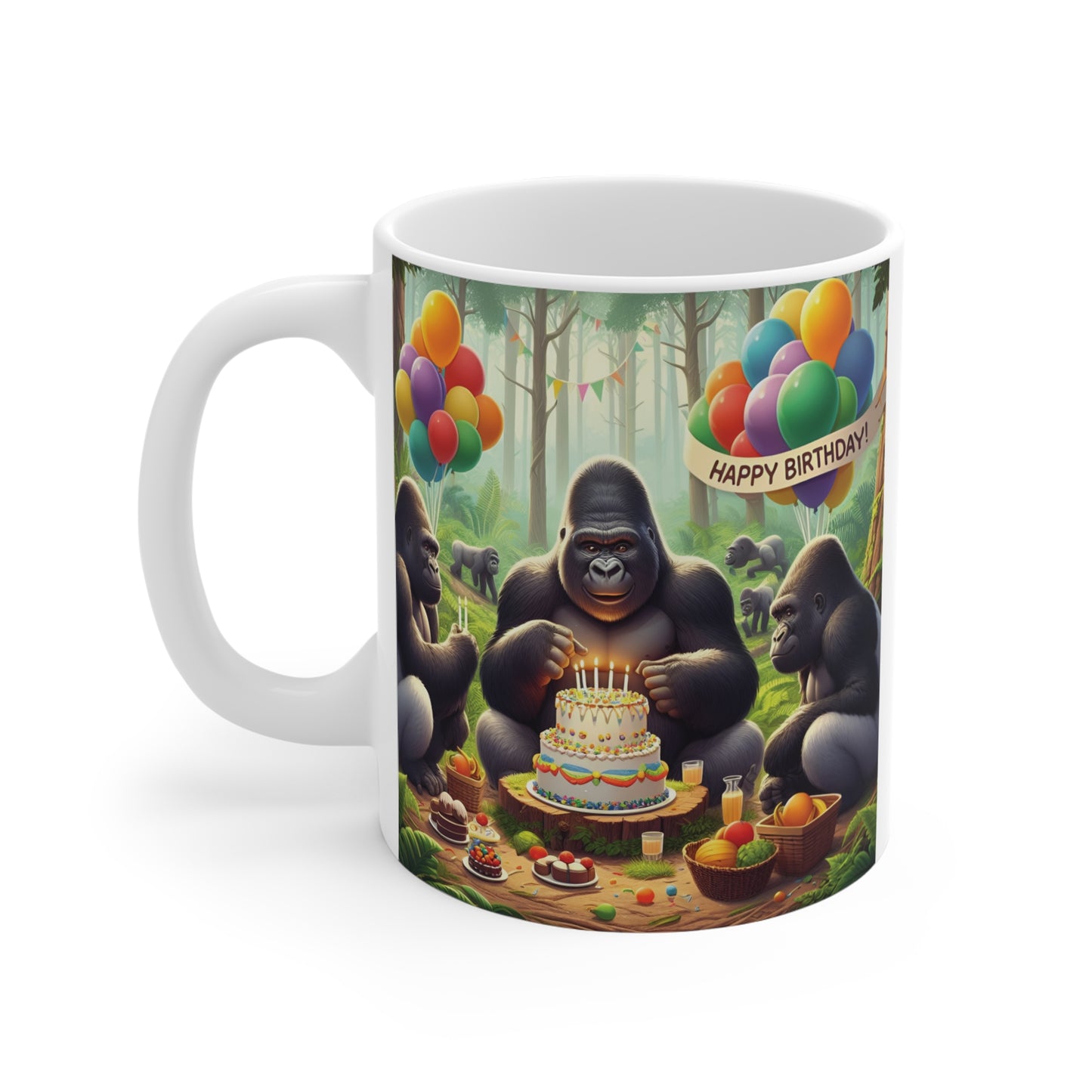 Decorative ceramic mug with a cheerful gorilla birthday party design, featuring a cake, balloons, fruit baskets, and playful gorillas in a lush jungle setting.