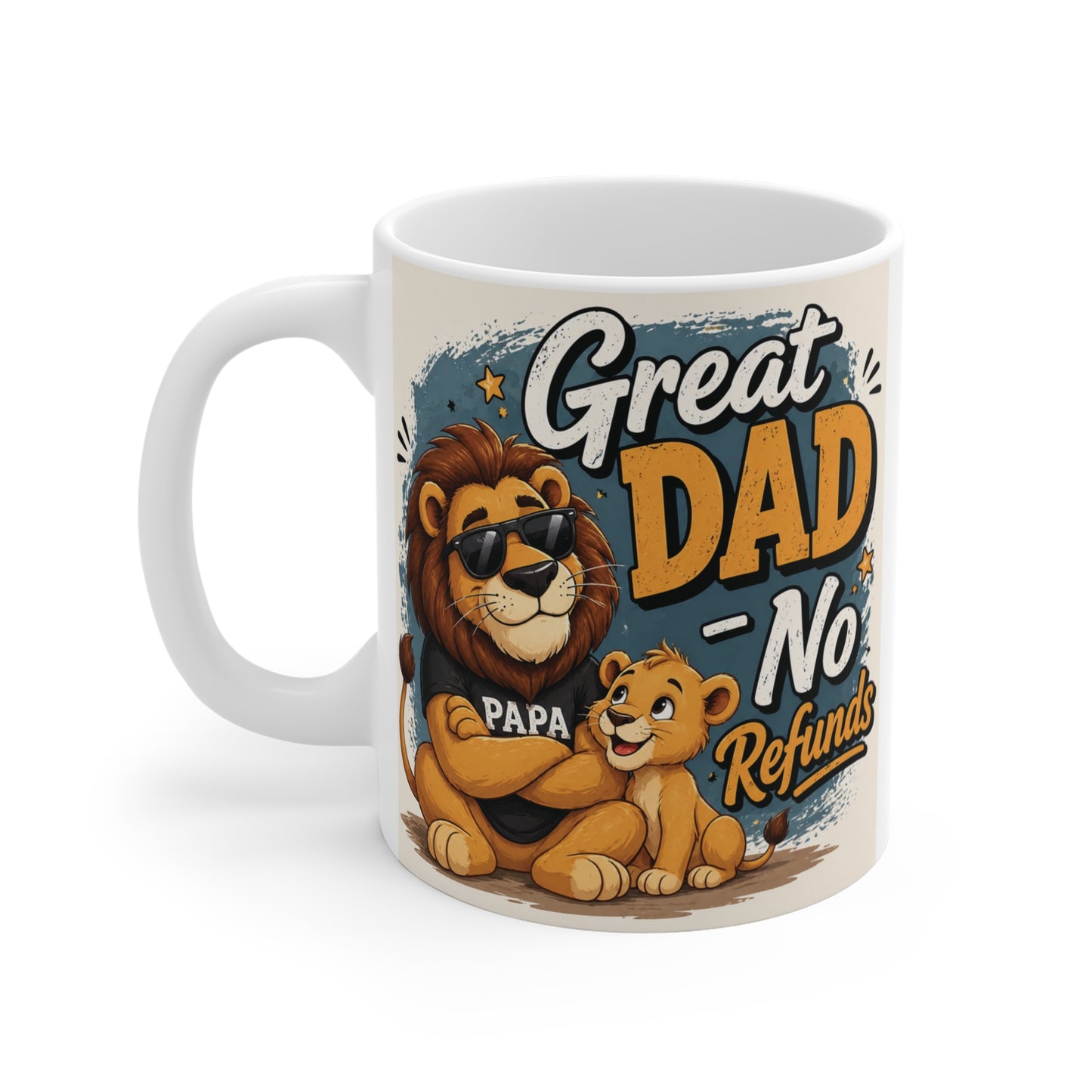 Adorable lion dad and baby cub coffee mug with Great Dad No Refunds quote gift for Father’s Day