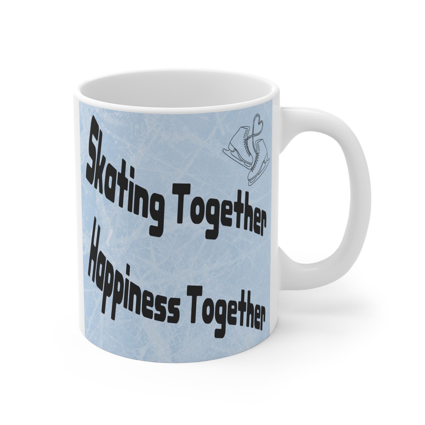 Romantic ice skating mug design with couple holding hands on rink and happiness quote, winter holiday gift mug