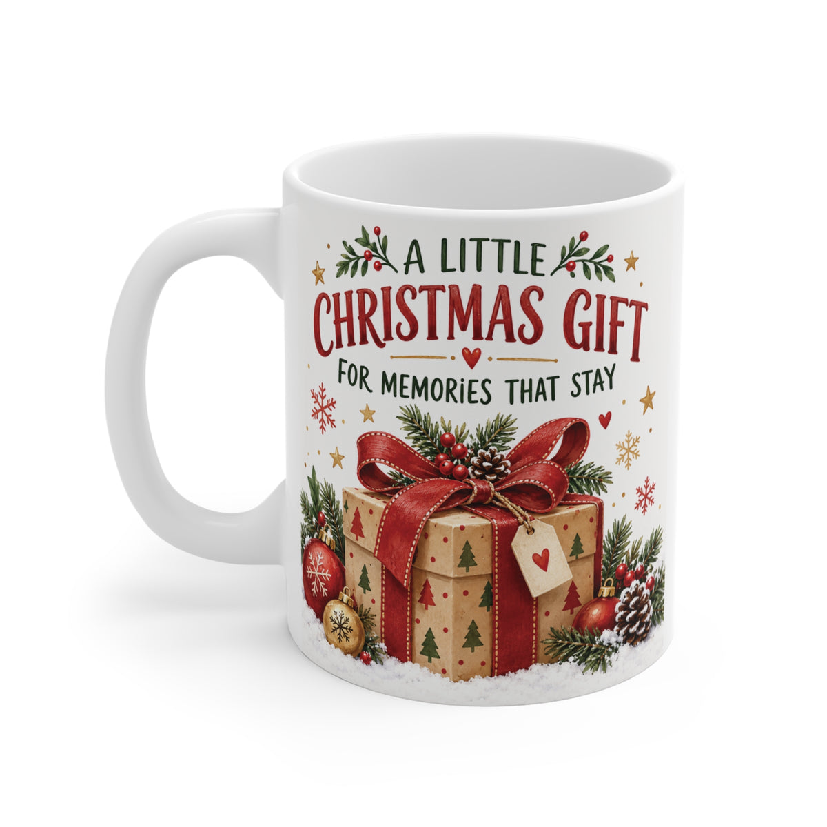 Christmas gift mug with red ribbon present and holiday decorations, 11oz coffee cup for family, friends and coworkers