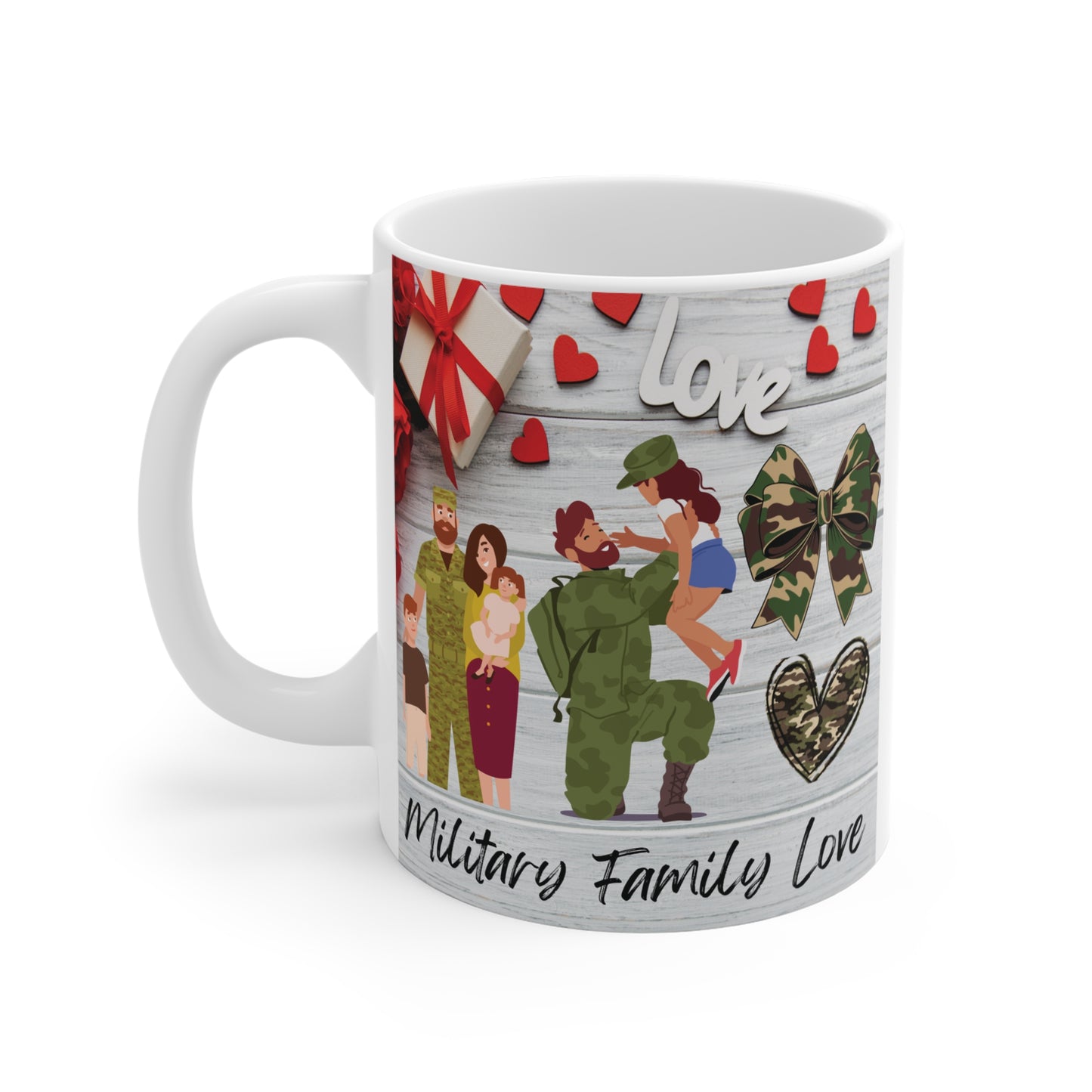 Love-themed coffee mug featuring military couple and family illustration, heartfelt gift for service members
