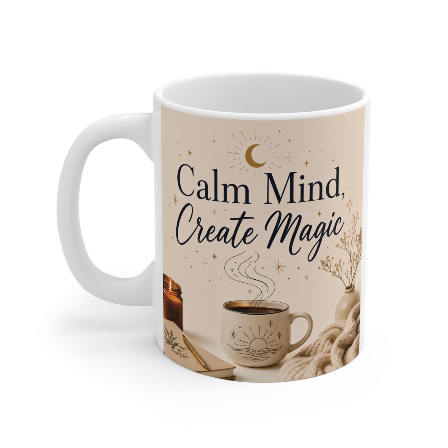 Aesthetic affirmation mug featuring calm mind create magic quote with moon and coffee illustration for positive daily motivation