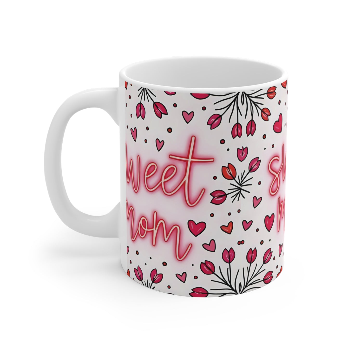 Pink love themed mom mug with sweet mom text ceramic coffee cup