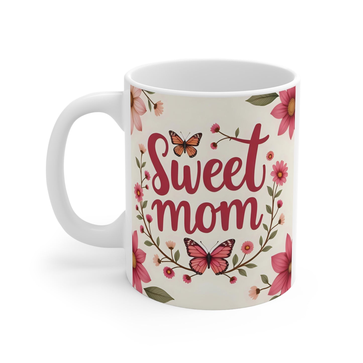 Mother’s day gift mug with sweet mom text and pink flower artwork