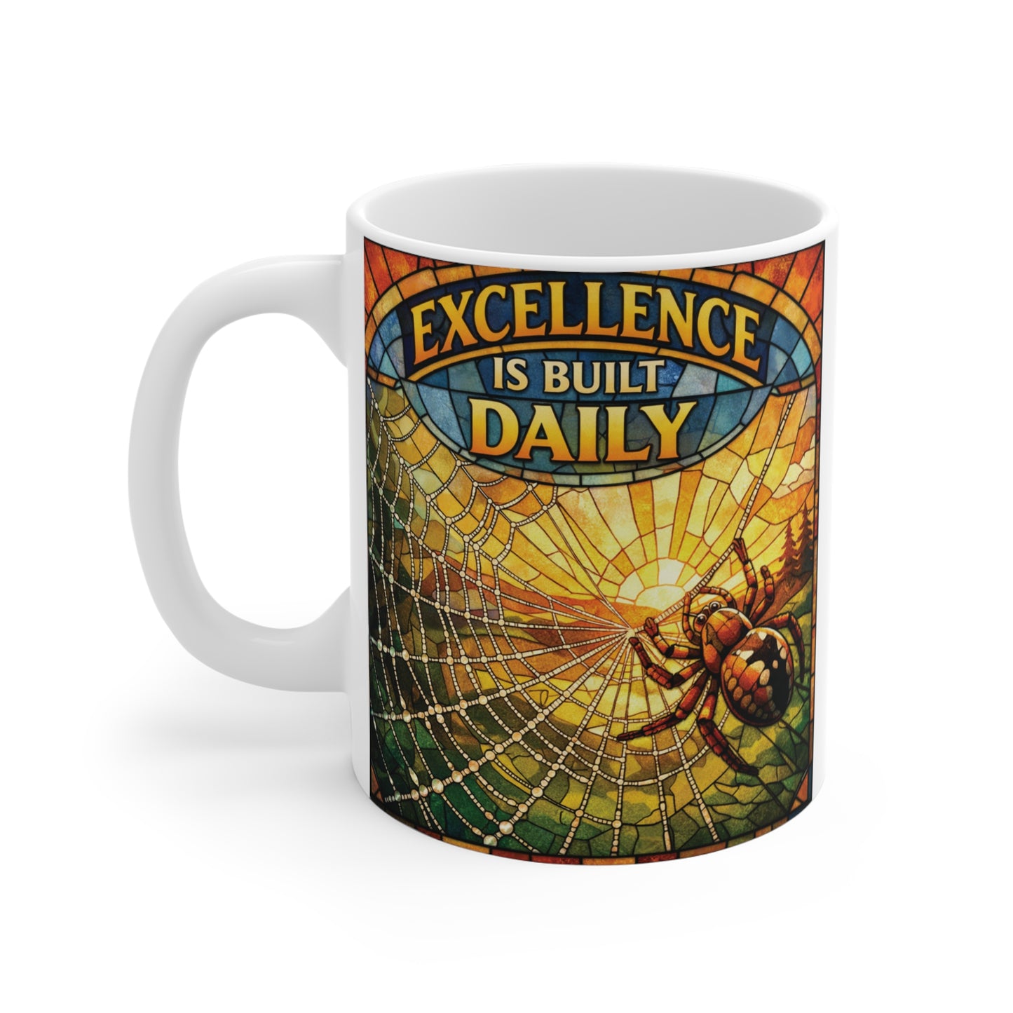 Inspirational ceramic coffee mug with the quote "Excellence Is Built Daily" and detailed stained-glass spider web illustration, unique success mindset gift for coworkers, graduates, teachers, and business owners.