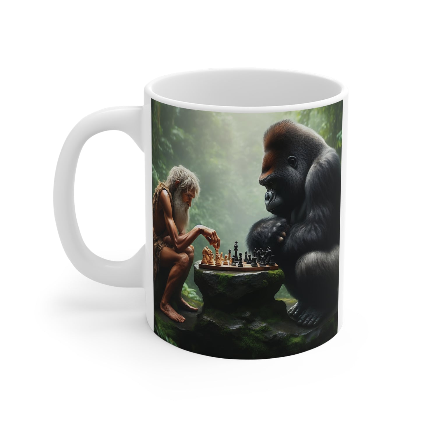 Surreal jungle chess mug design with a wise caveman and powerful gorilla playing chess on a stone table, unique fantasy animal art ceramic mug gift