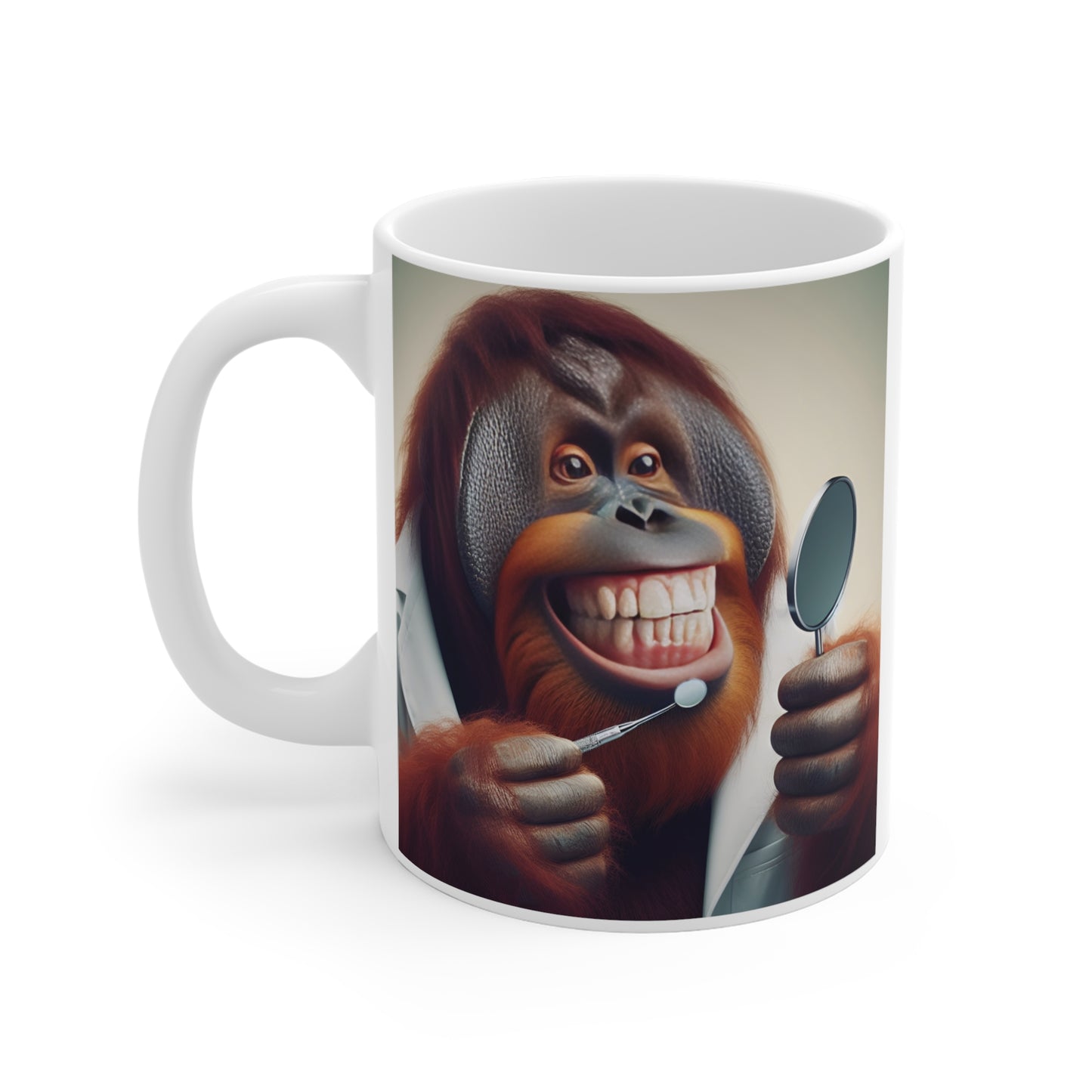 Playful orangutan wearing a dentist coat, inspecting a wide toothy grin with a dental mirror, featured as a colorful coffee mug design.
