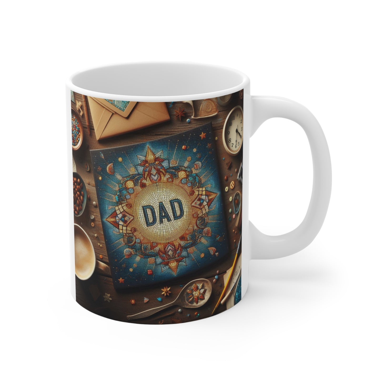 Artistic dad mug, unique gift idea for father in a cosmic, sunburst pattern.