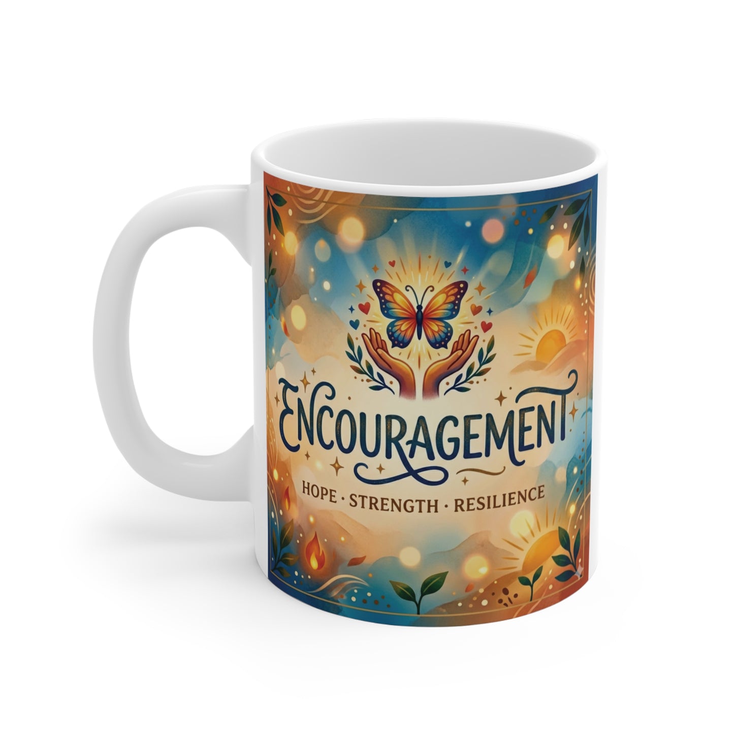ceramic encouragement mug featuring butterfly artwork and uplifting message hope strength resilience for daily motivation