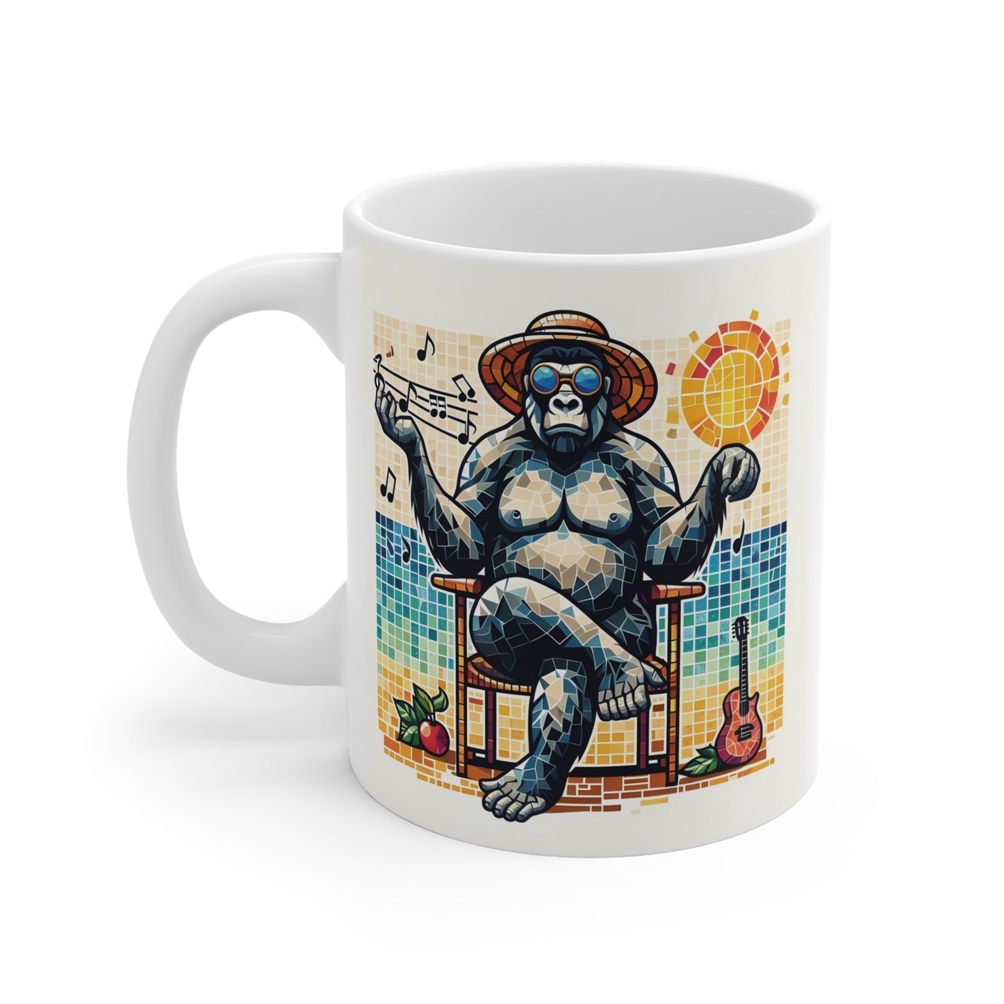 Cool gorilla illustration wearing sun hat and sunglasses, sitting with music notes and guitar in colorful summer tile art style mug design