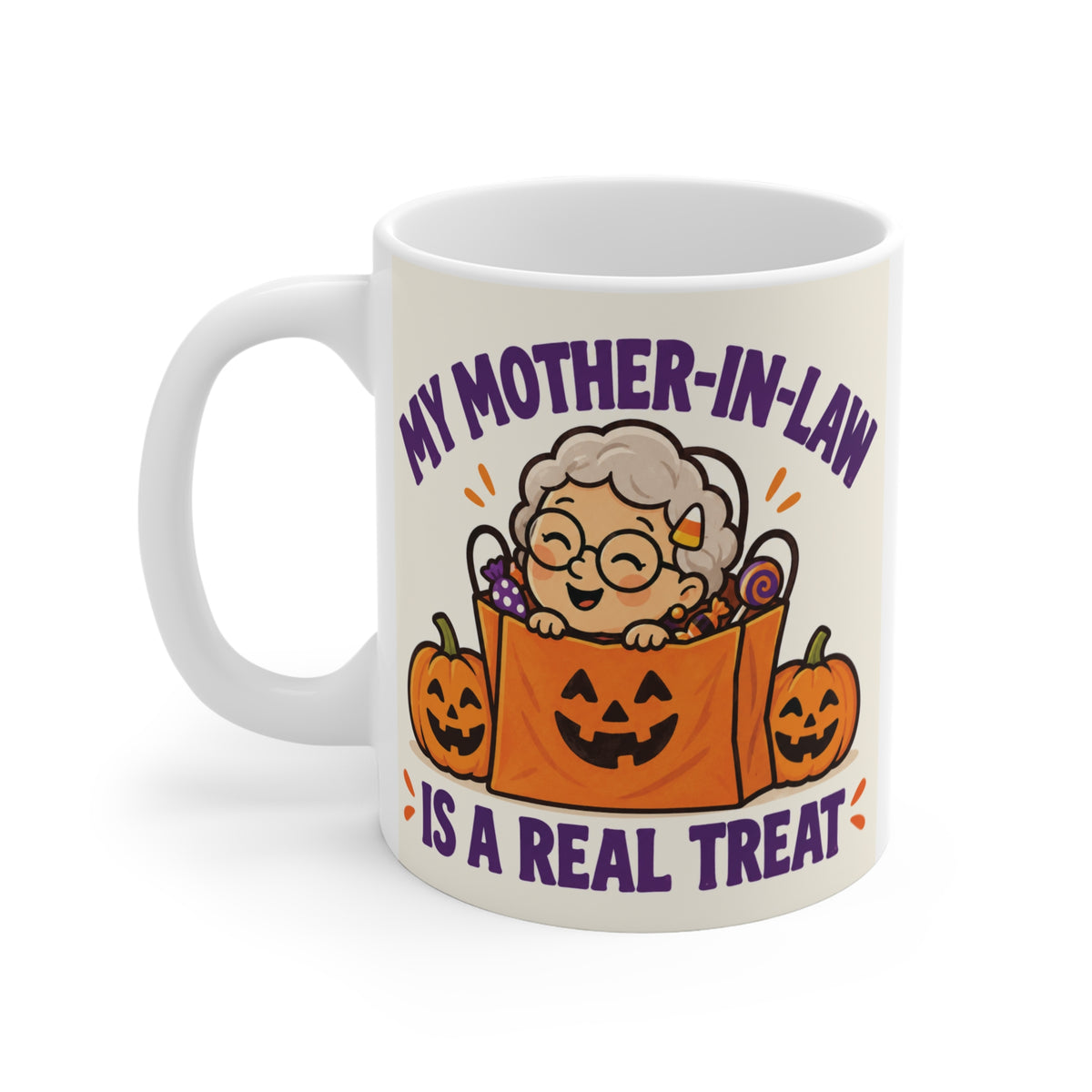 Funny Mother-in-Law coffee mug with “My Mother-in-Law Is a Real Treat” Halloween design featuring pumpkins and colorful candy.