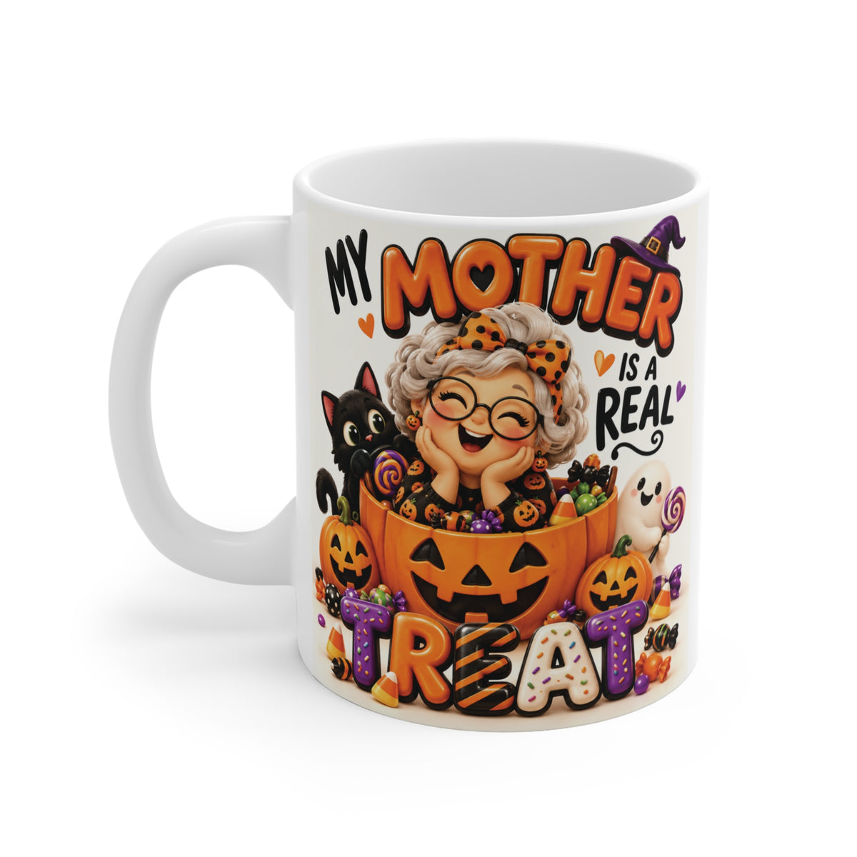 My Mother Is a Real Treat Halloween mug featuring a smiling mom surrounded by pumpkins, candy and playful spooky-season characters.