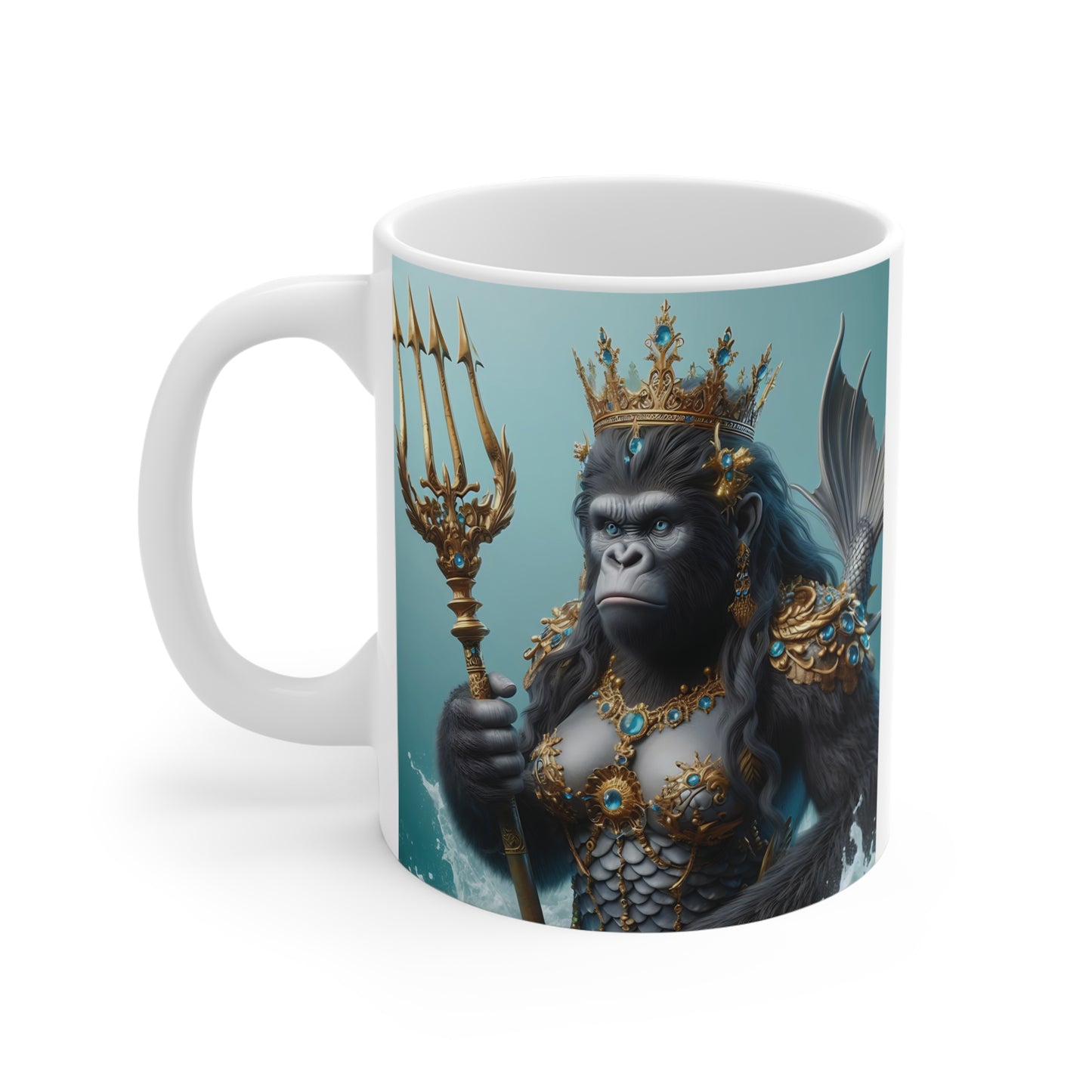 Fantasy artwork of a crowned gorilla mermaid holding a trident printed on a white mug, featuring intricate royal details and aquatic elements.