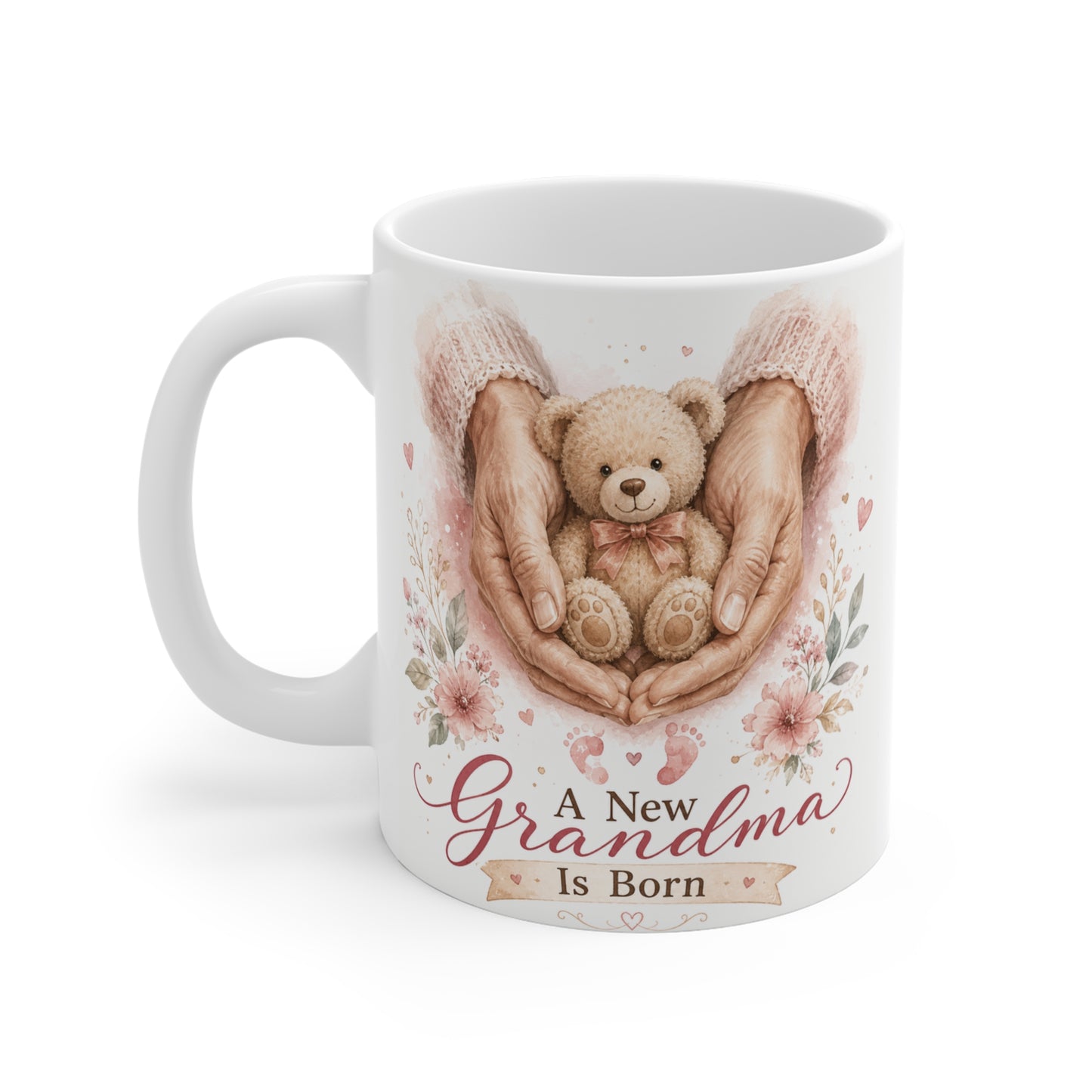 First-time grandma coffee mug with "A New Grandma Is Born" design, perfect for pregnancy announcements and baby reveal gifts.
