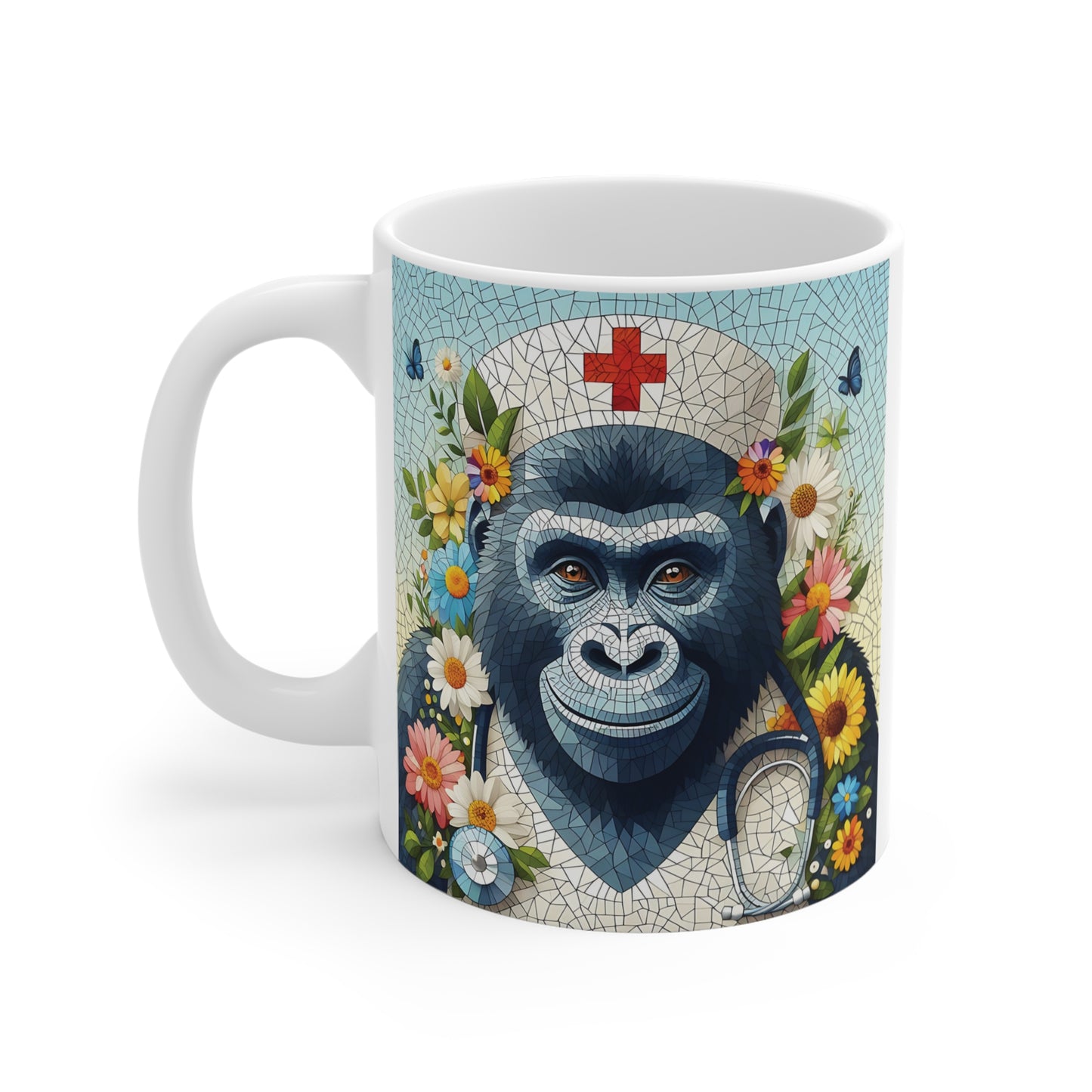 Artistic gorilla nurse mug with detailed stained glass effect, floral background, and stethoscope design, ideal gift for nurses and animal lovers.