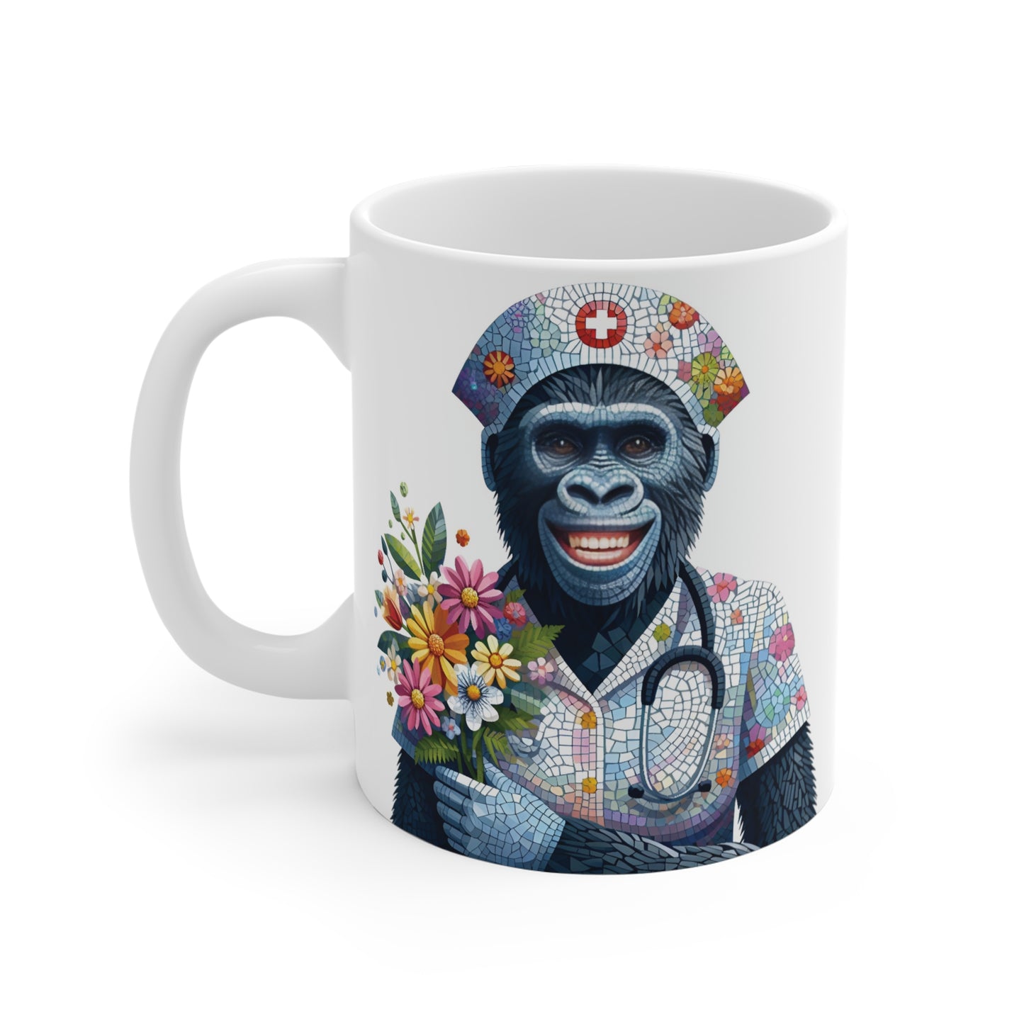 Artistic mosaic gorilla dressed as a nurse with floral bouquet and stethoscope on white mug, unique appreciation gift for nurse graduation, Nurses Week, or medical staff.