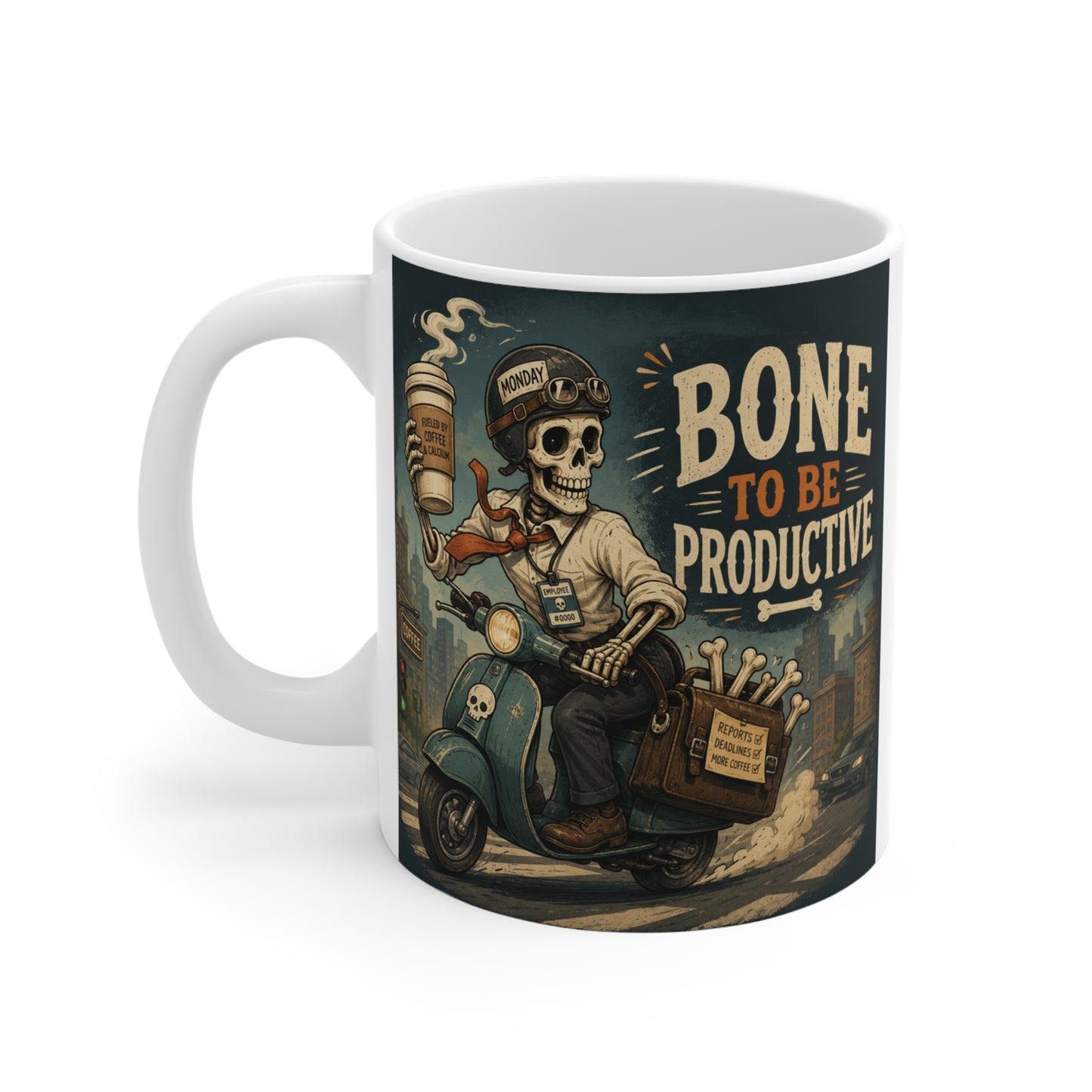 "Bone To Be Productive" skeleton scooter mug on a plain white background, ideal office humor gift for coworkers.