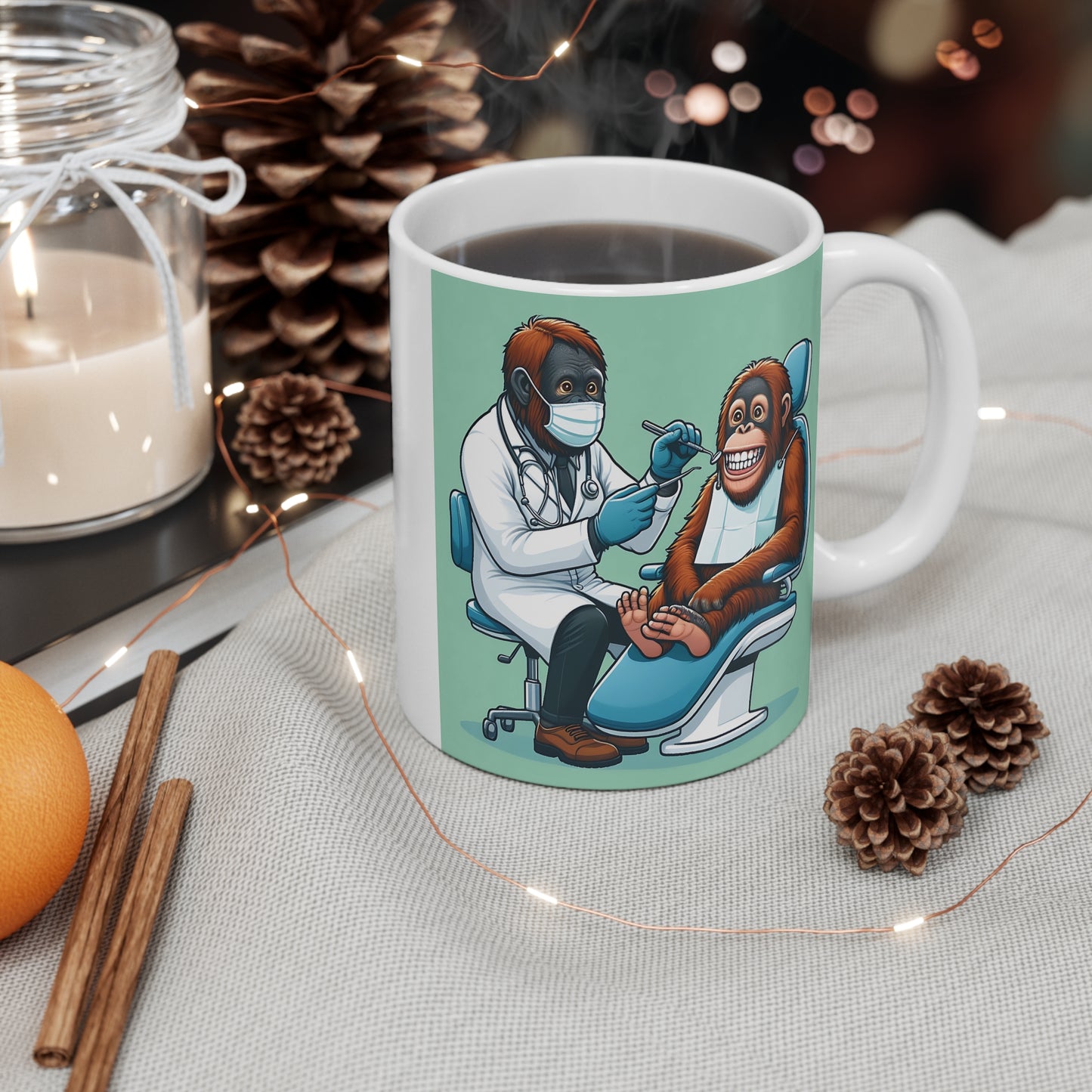 Orthodontist Mug (Cartoon Orangutan Dentist & Patient Design)