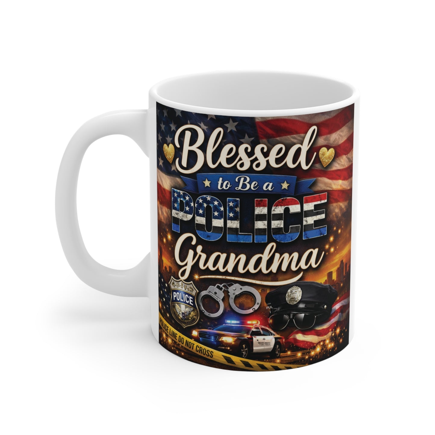 11oz ceramic Police Grandma mug with Thin Blue Line artwork, patriotic colors, and law enforcement family gift design.