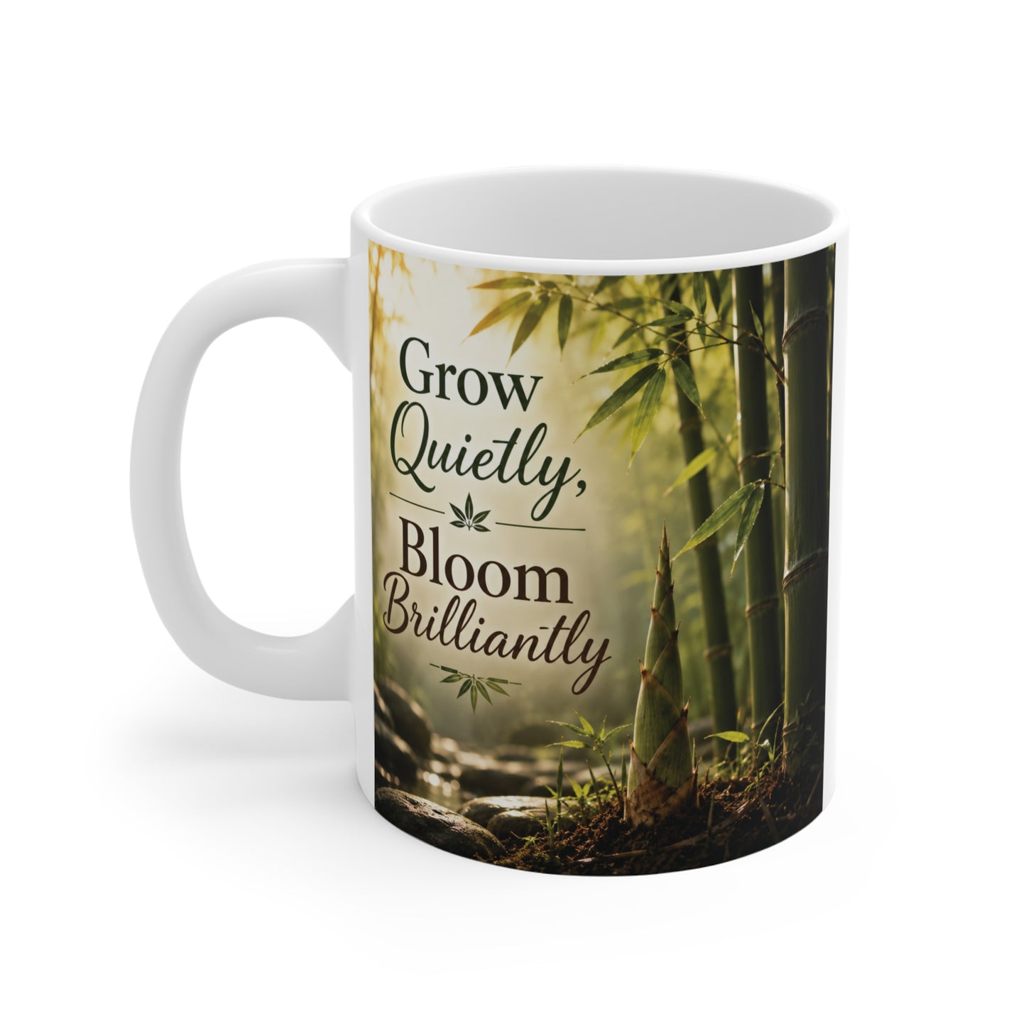Inspirational coffee mug displaying Grow Quietly, Bloom Brilliantly text against a peaceful bamboo forest background, perfect as a positive mindset gift.
