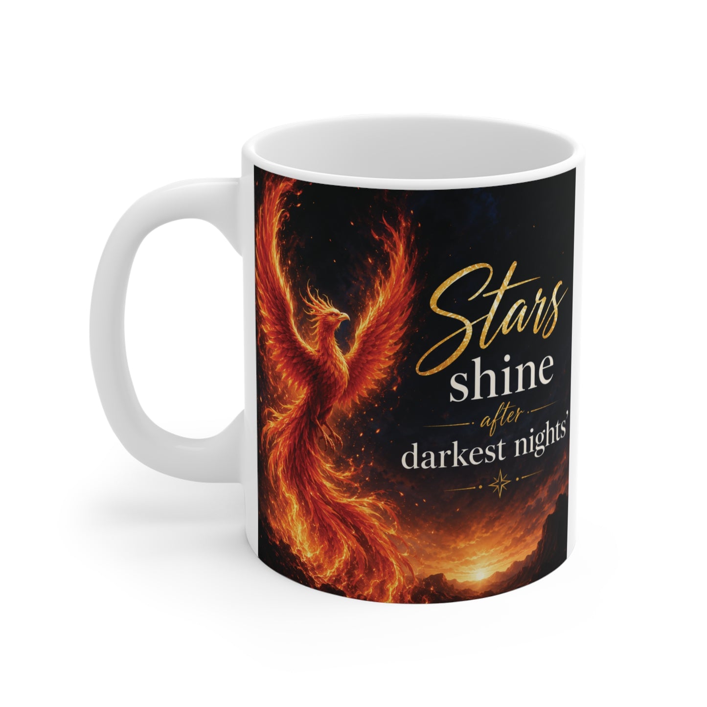 Fantasy phoenix coffee mug with inspirational typography and dark celestial design for positive daily motivation