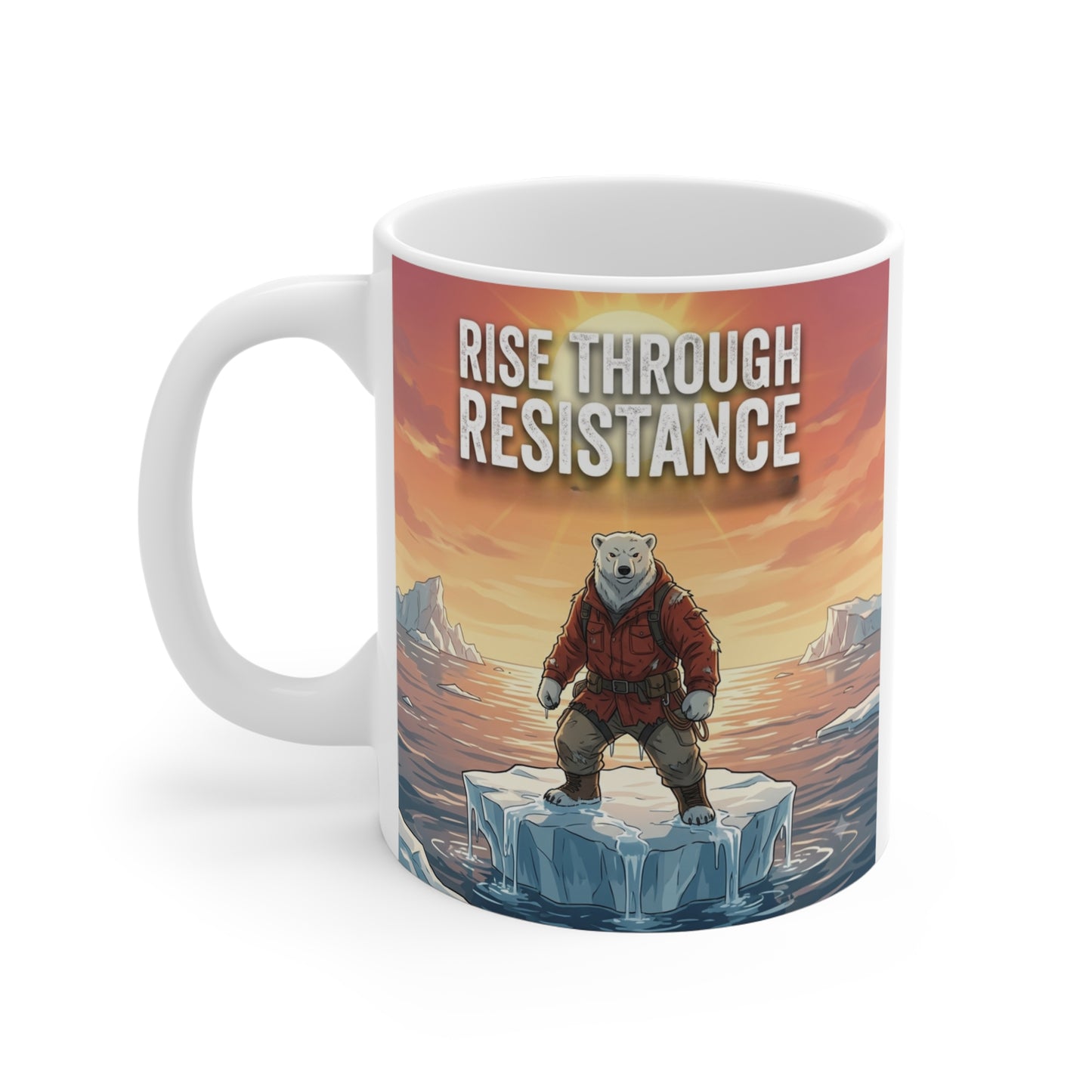 Ceramic motivational mug showcasing a resilient polar bear on Arctic ice with inspirational typography for everyday encouragement.
